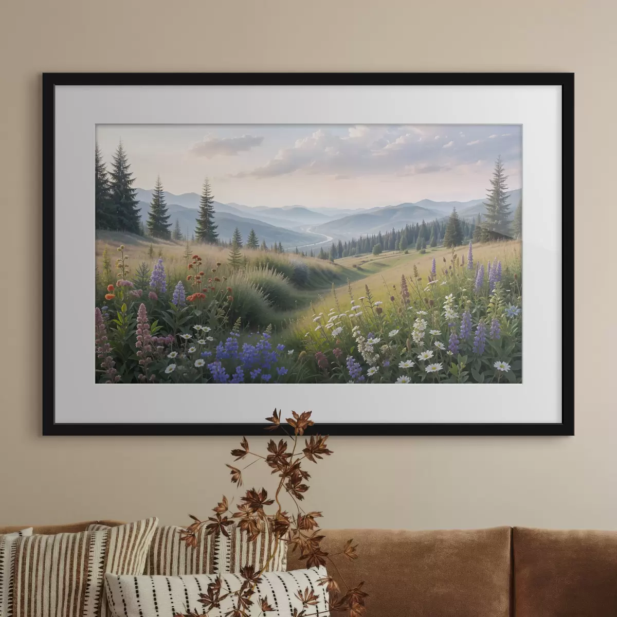 Poster Berglandschaft mit einer Graswiese im Vordergrund voller bunter Wildblumen f39382