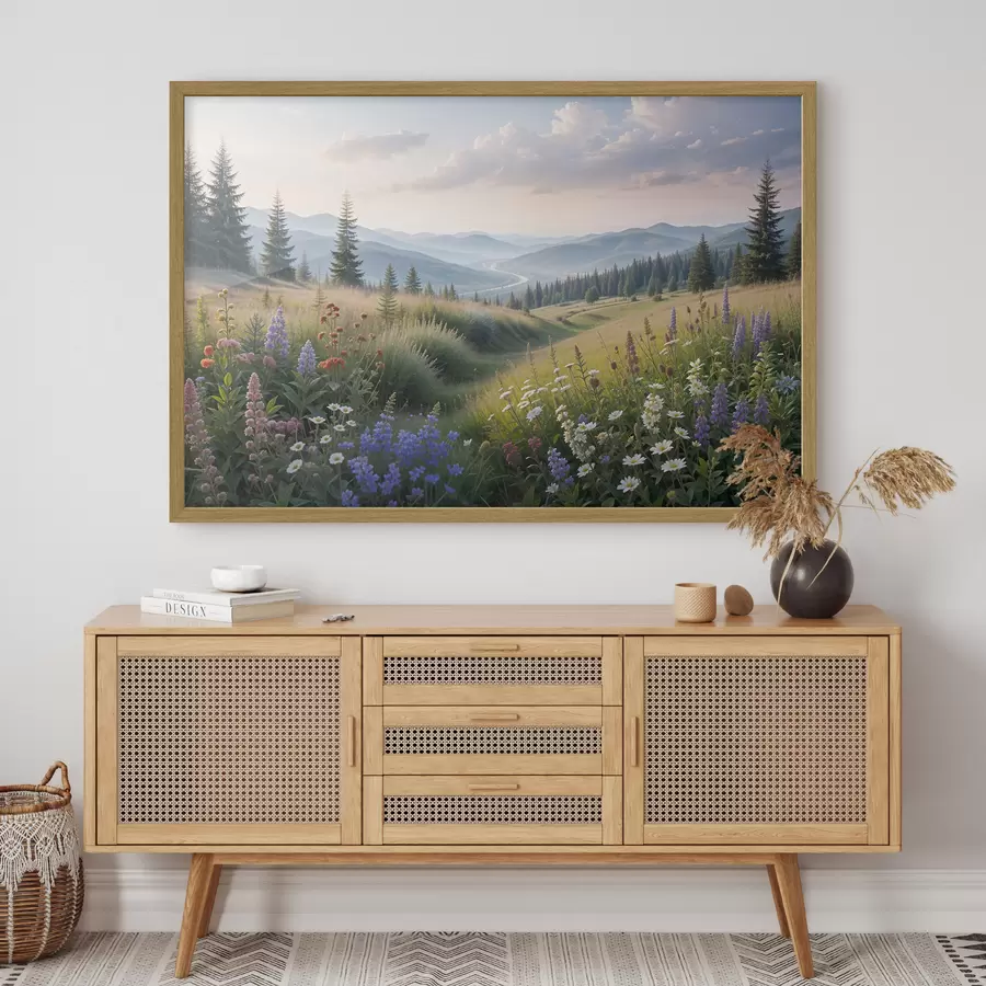 Fototapete Berglandschaft mit einer Graswiese im Vordergrund voller bunter Wildblumen f39382