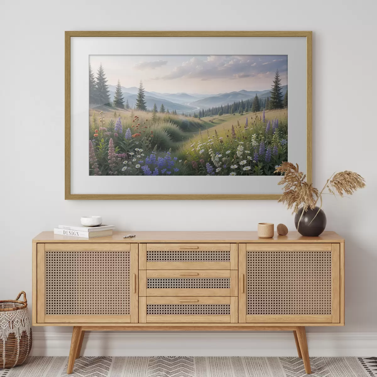 Poster Berglandschaft mit einer Graswiese im Vordergrund voller bunter Wildblumen f39382