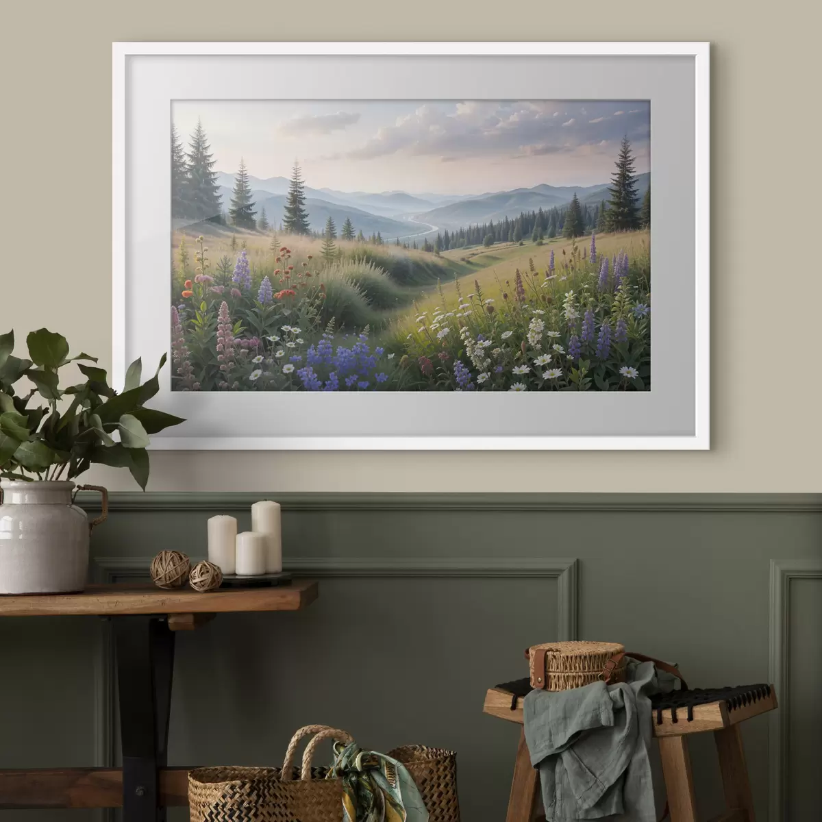 Poster Berglandschaft mit einer Graswiese im Vordergrund voller bunter Wildblumen f39382