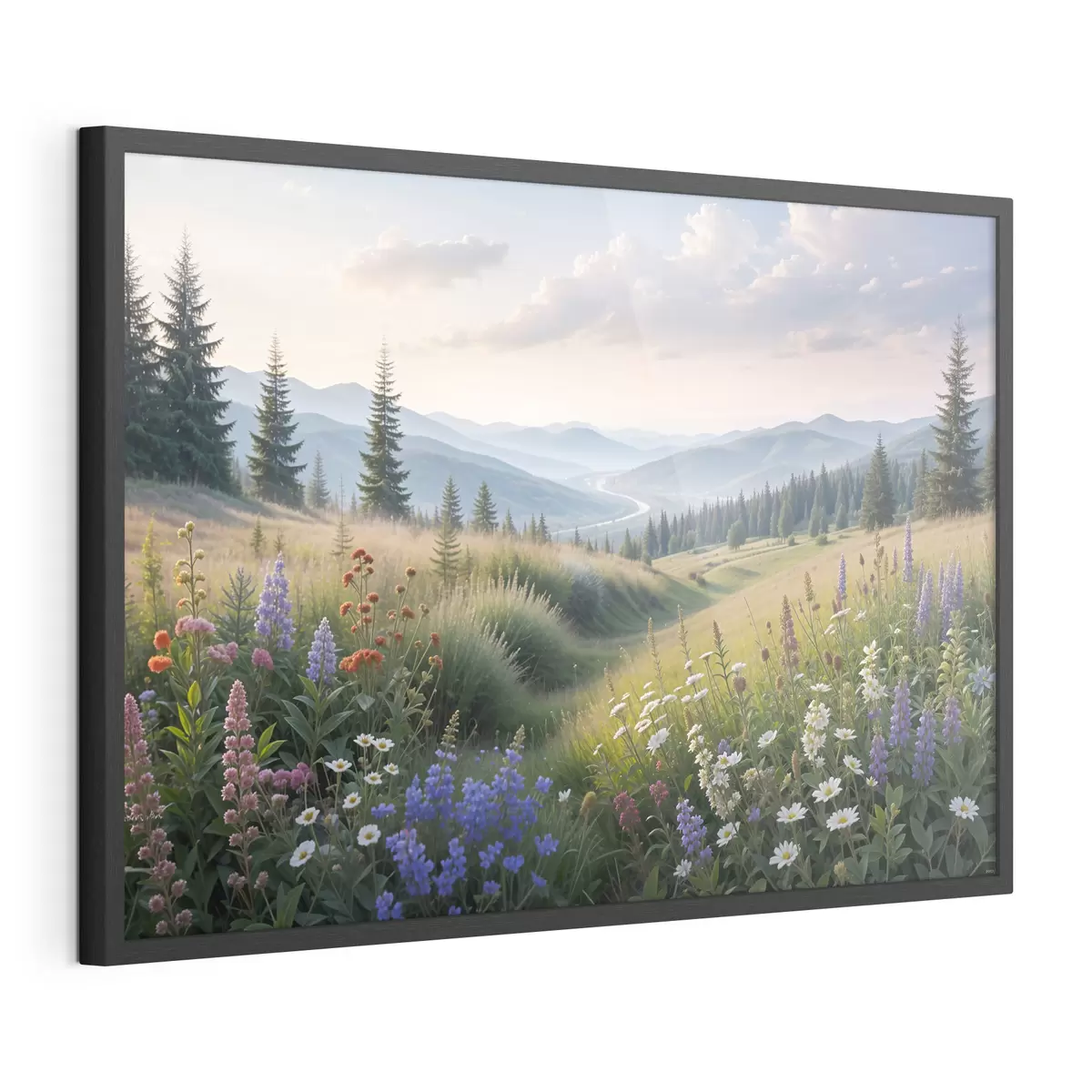 Poster Berglandschaft mit einer Graswiese im Vordergrund voller bunter Wildblumen f39382