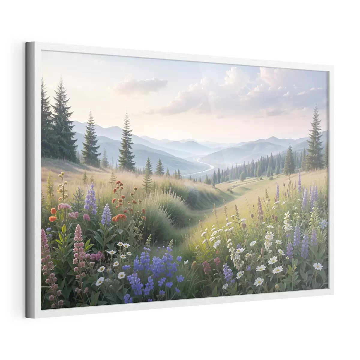 Poster Berglandschaft mit einer Graswiese im Vordergrund voller bunter Wildblumen f39382