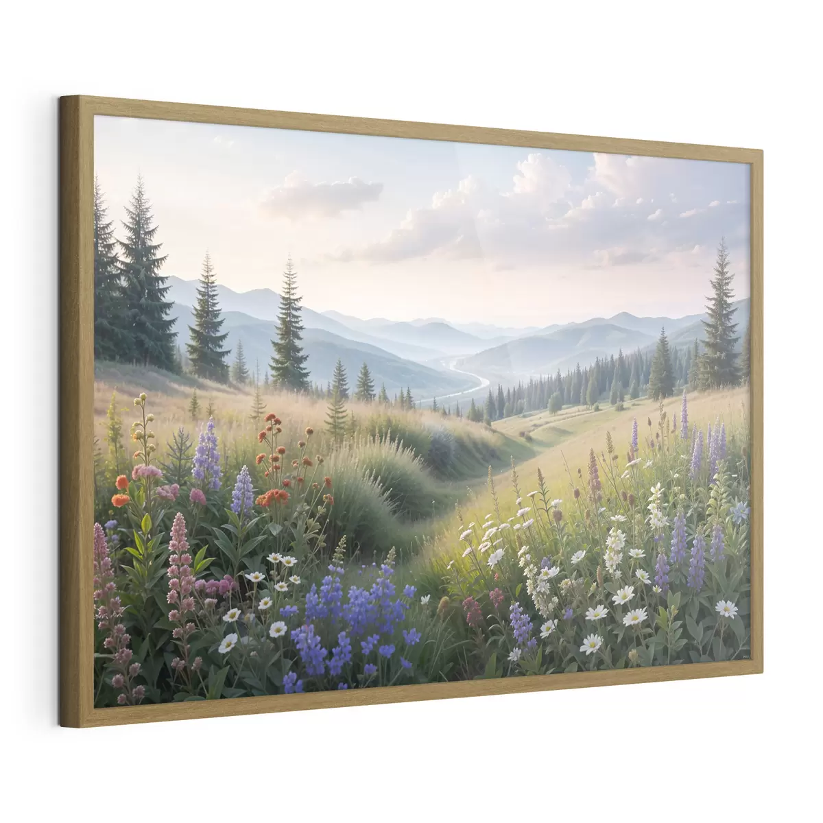 Poster Berglandschaft mit einer Graswiese im Vordergrund voller bunter Wildblumen f39382