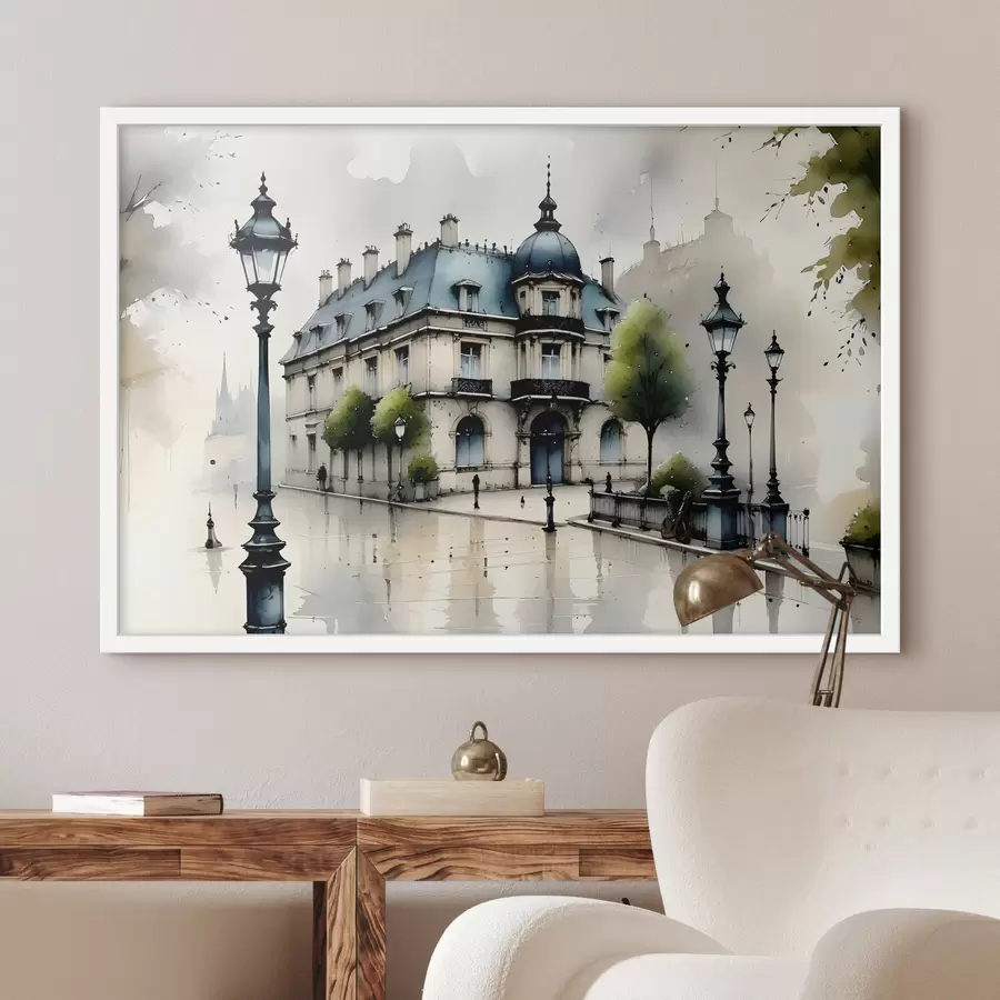 Fototapete Ein großartiges Gebäude Aquarell Kunst umgeben von Laternen und Bäumen, an einem regnerischen Tag f39391