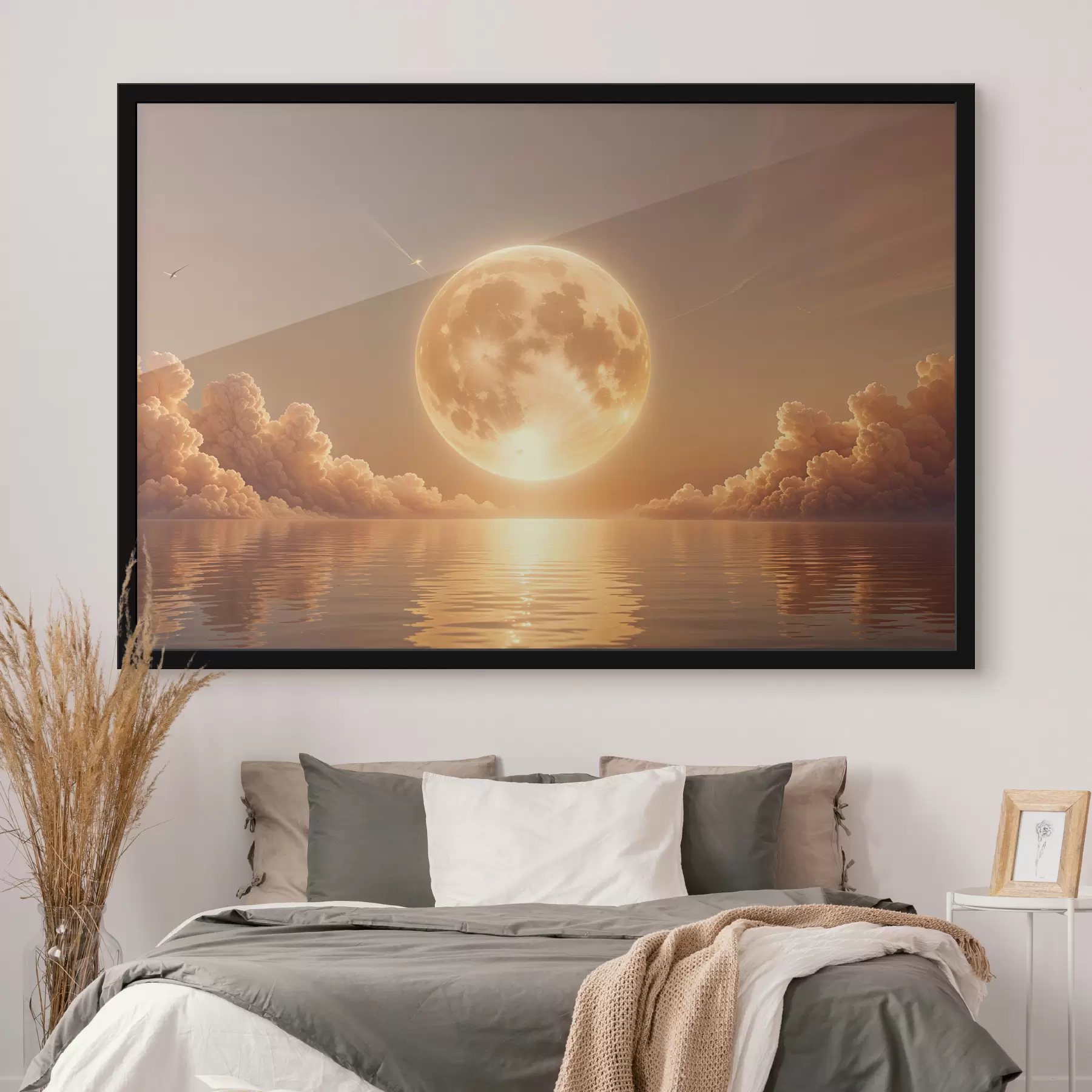 Fototapete Ein großer, heller Vollmond, der bei Sonnenuntergang über einem ruhigen, reflektierenden Ozean aufgeht f39403