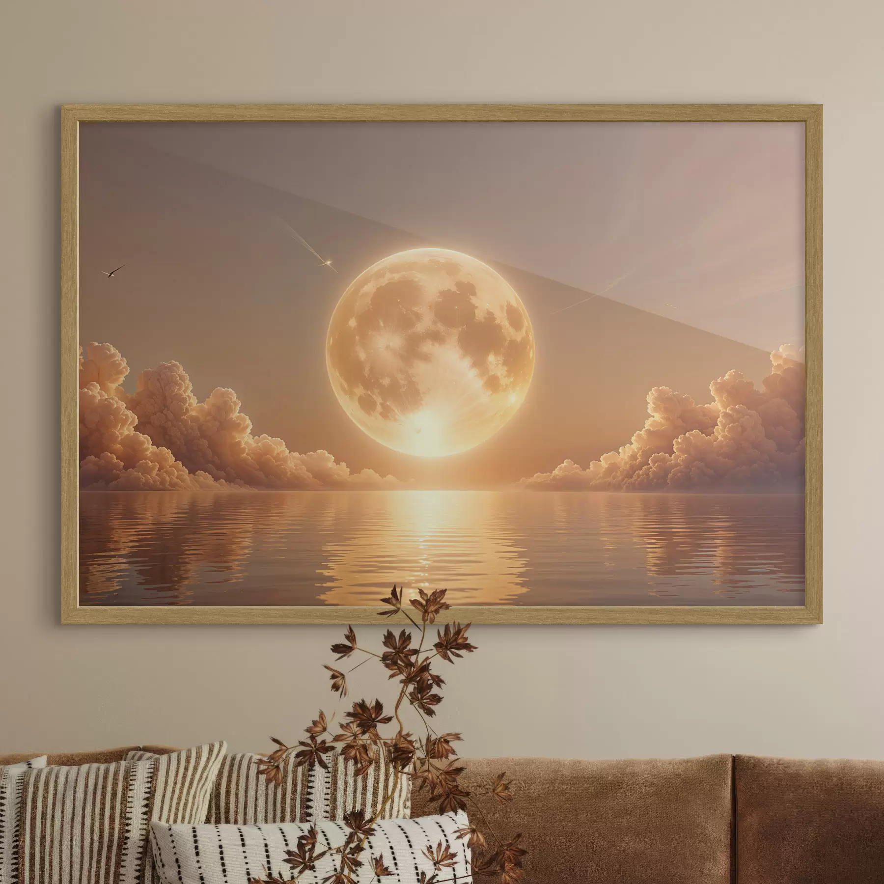 Fototapete Ein großer, heller Vollmond, der bei Sonnenuntergang über einem ruhigen, reflektierenden Ozean aufgeht f39403