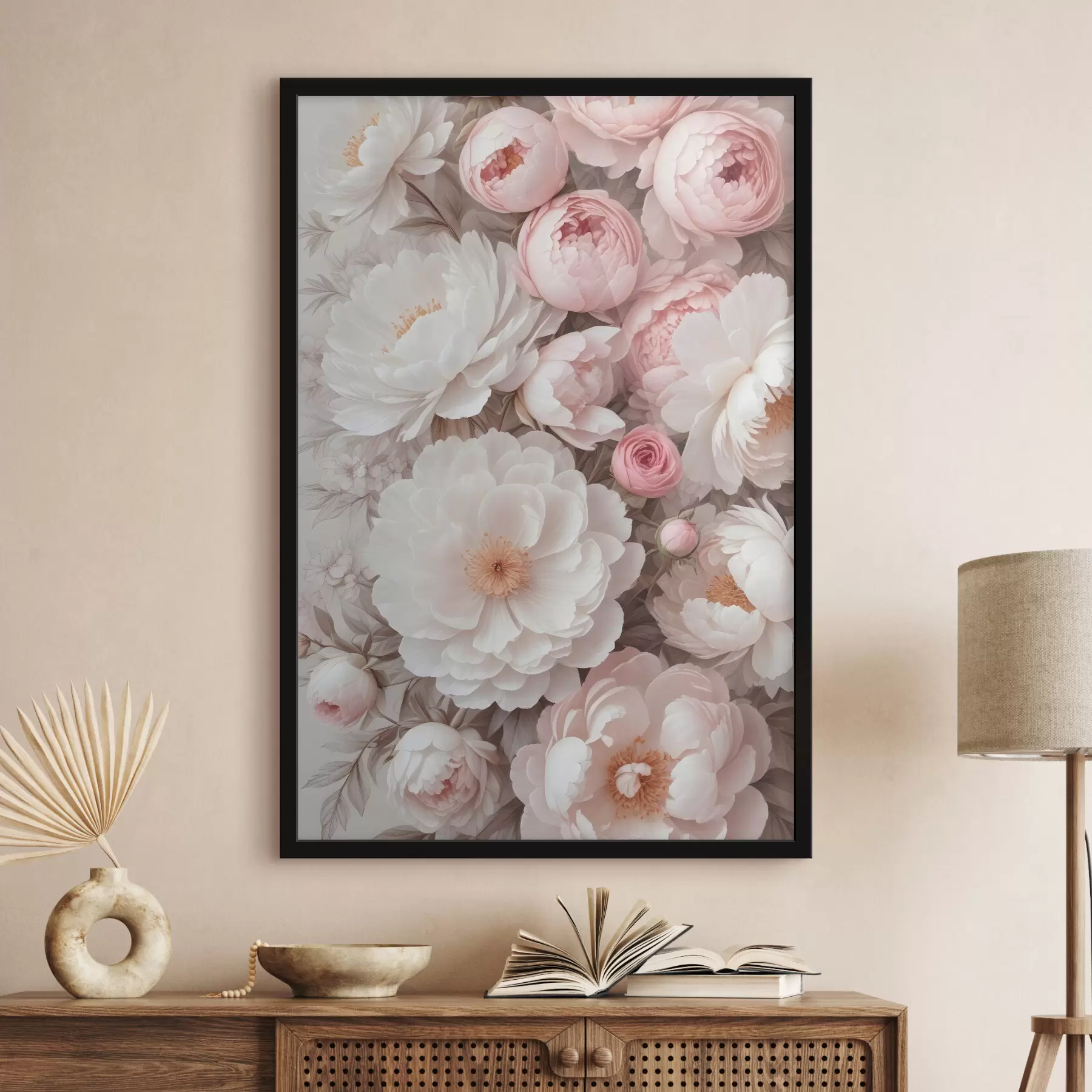 Fototapete Blumenstrauß aus großen weißen und rosa Pfingstrosenblüten mit weichen, zarten Blütenblättern vor hellem Hintergrund f39408