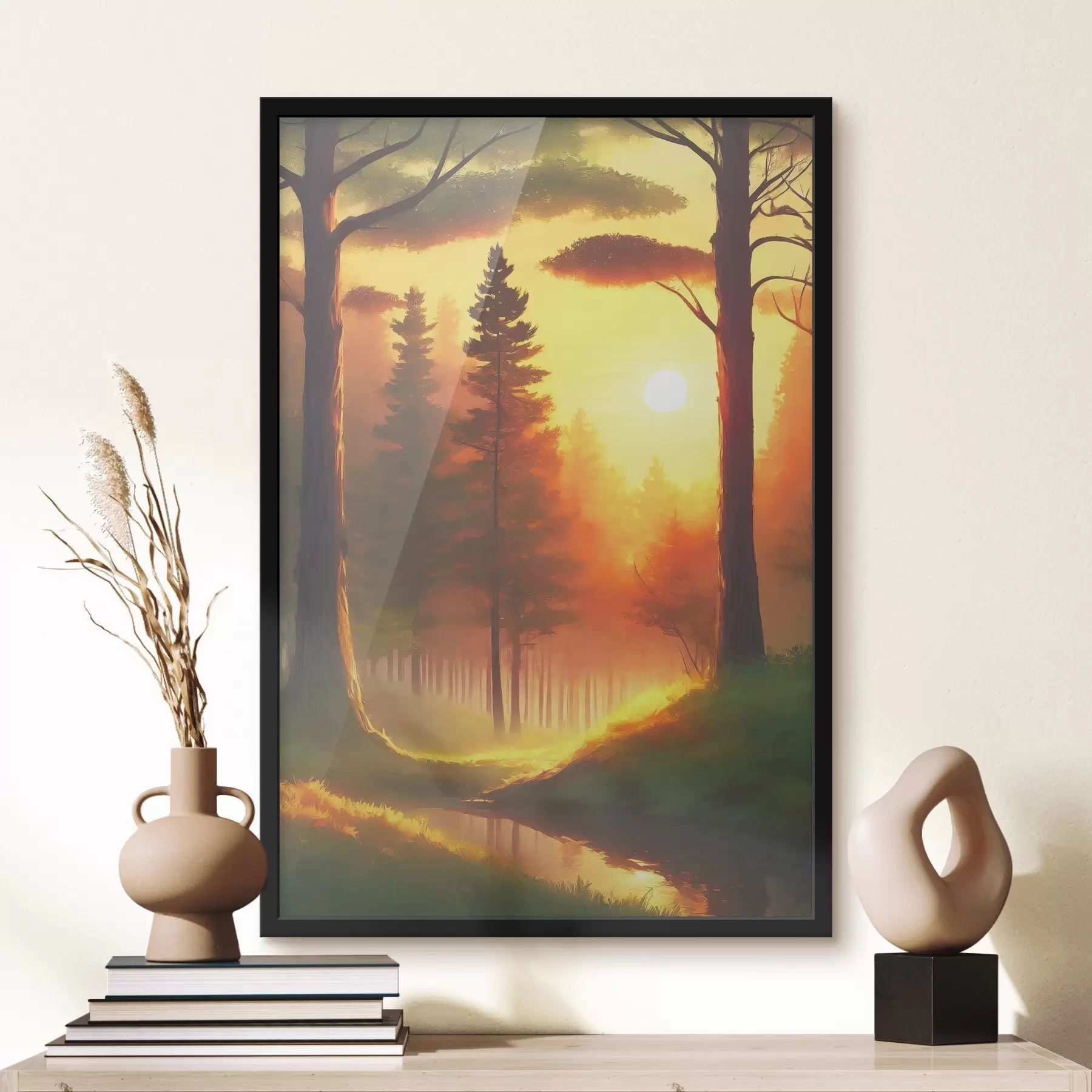 Fototapete Gelassener Sonnenuntergang in einem ruhigen Wald f37998