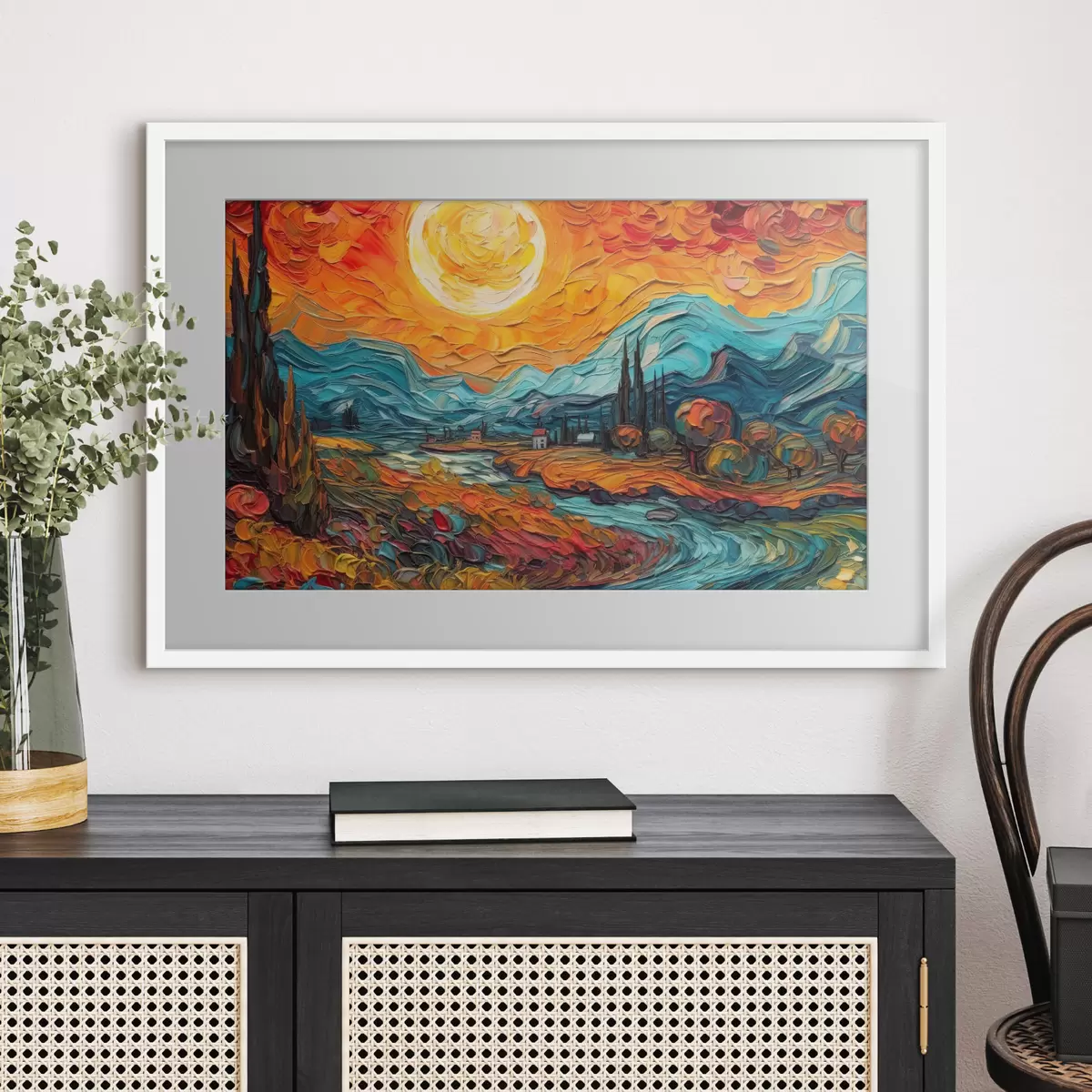 Poster Lebendiger Sonnenuntergang über ruhiger Landschaft f38057