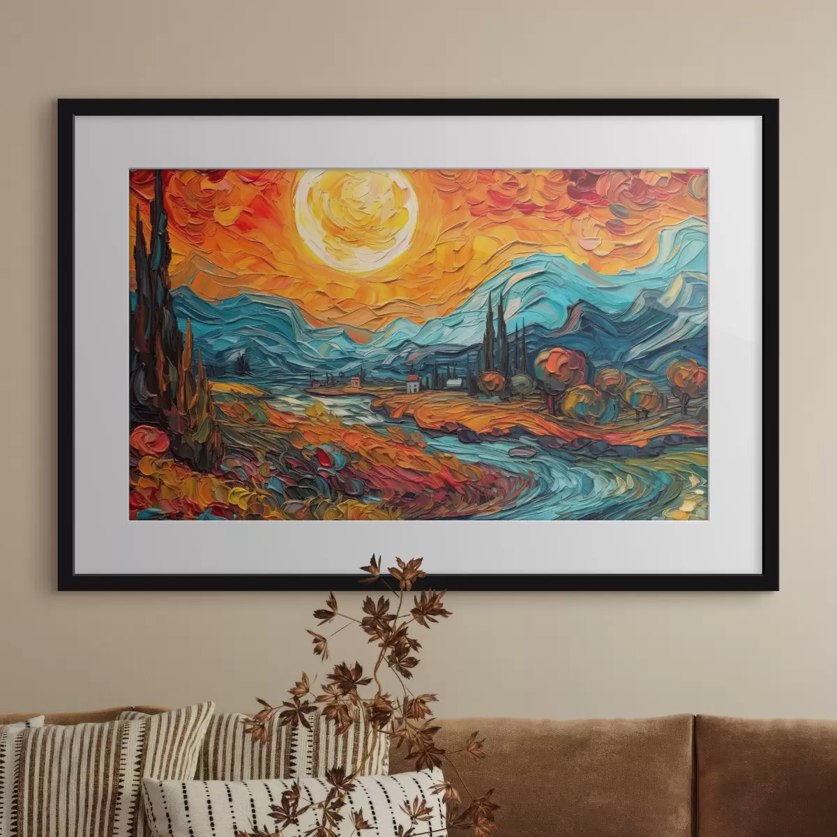 Poster Lebendiger Sonnenuntergang über ruhiger Landschaft f38057