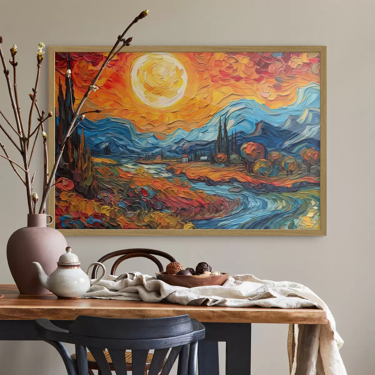 Poster Lebendiger Sonnenuntergang über ruhiger Landschaft f38057
