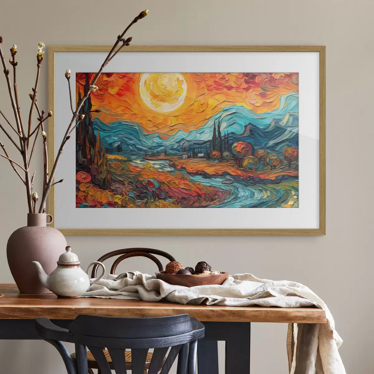Poster Lebendiger Sonnenuntergang über ruhiger Landschaft f38057