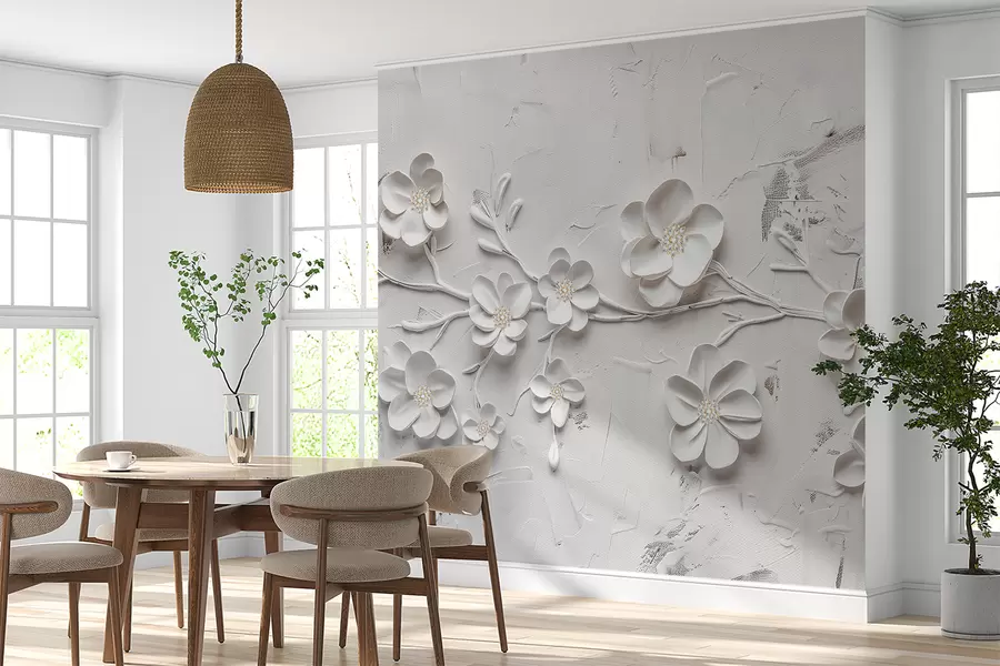 Fototapete Weißer strukturierter Hintergrund mit 3D-weißen Blumen in voller Blüte, durch Zweige verbunden, minimalistisch und elegant w01226