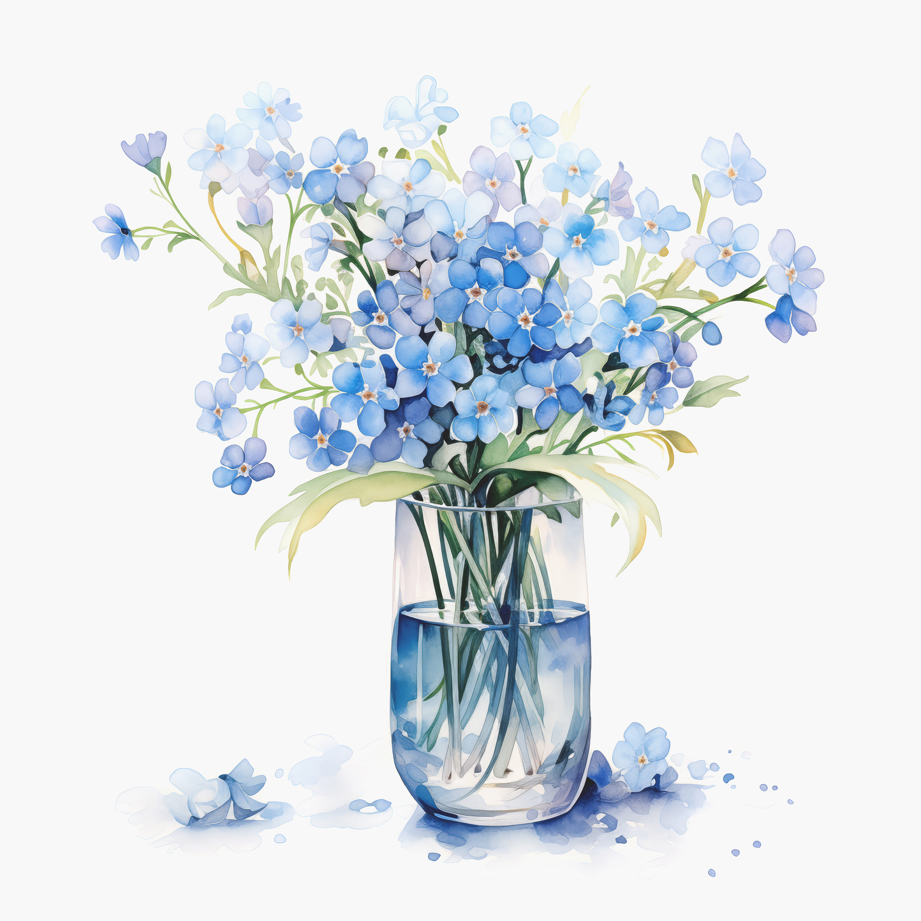 Gemälde Blumenstrauß aus blauen Wildblumen in einer transparenten Vase Aquarell s39564
