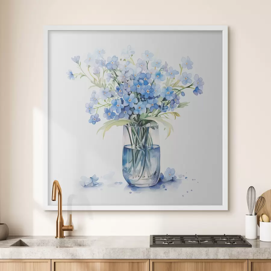 Fototapete Ein Blumenstrauß aus blauen Blumen in transparenter Aquarellfarbe in einer Vase f39564