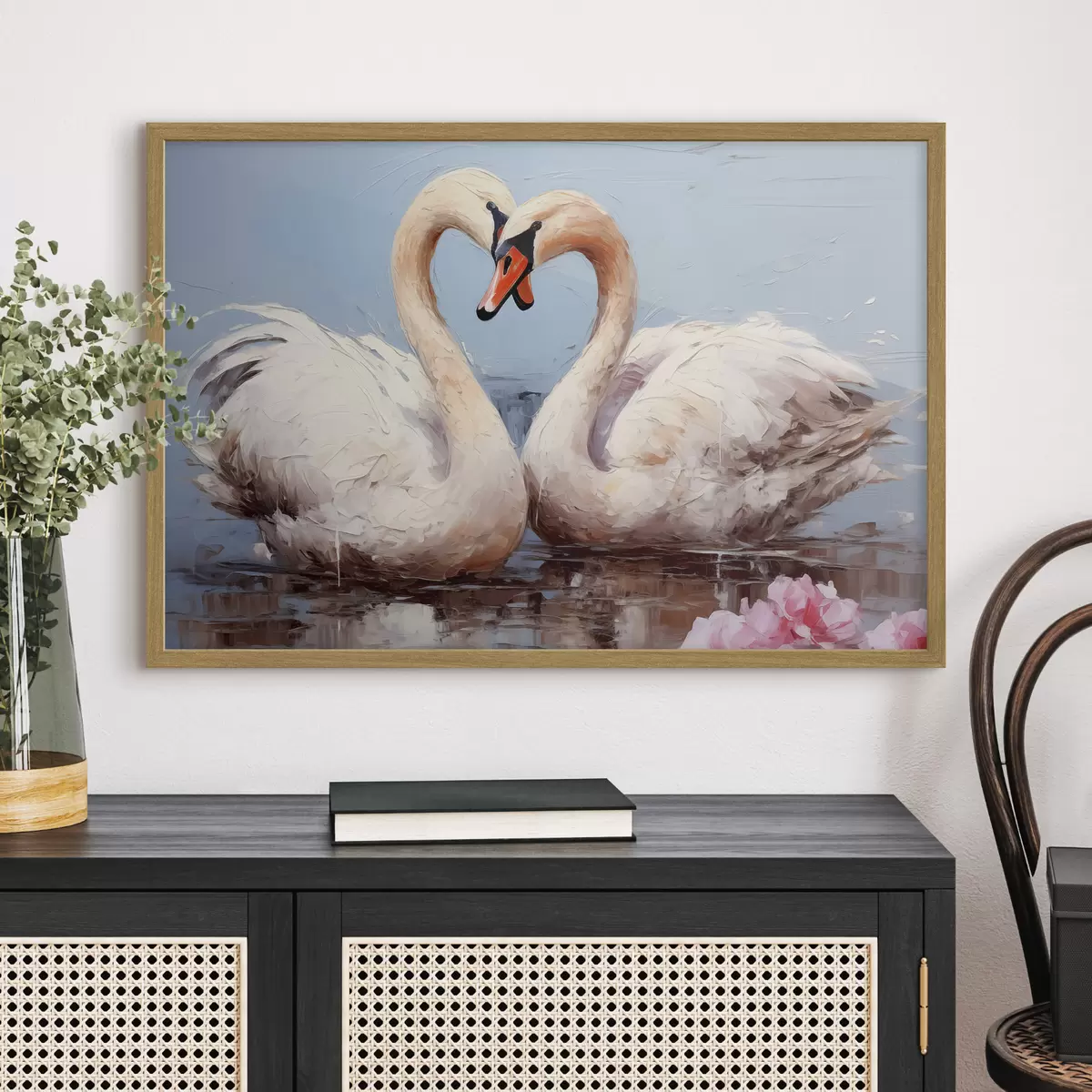 Poster Paar weiße Schwäne auf einem Teich, Ölgemälde f39572
