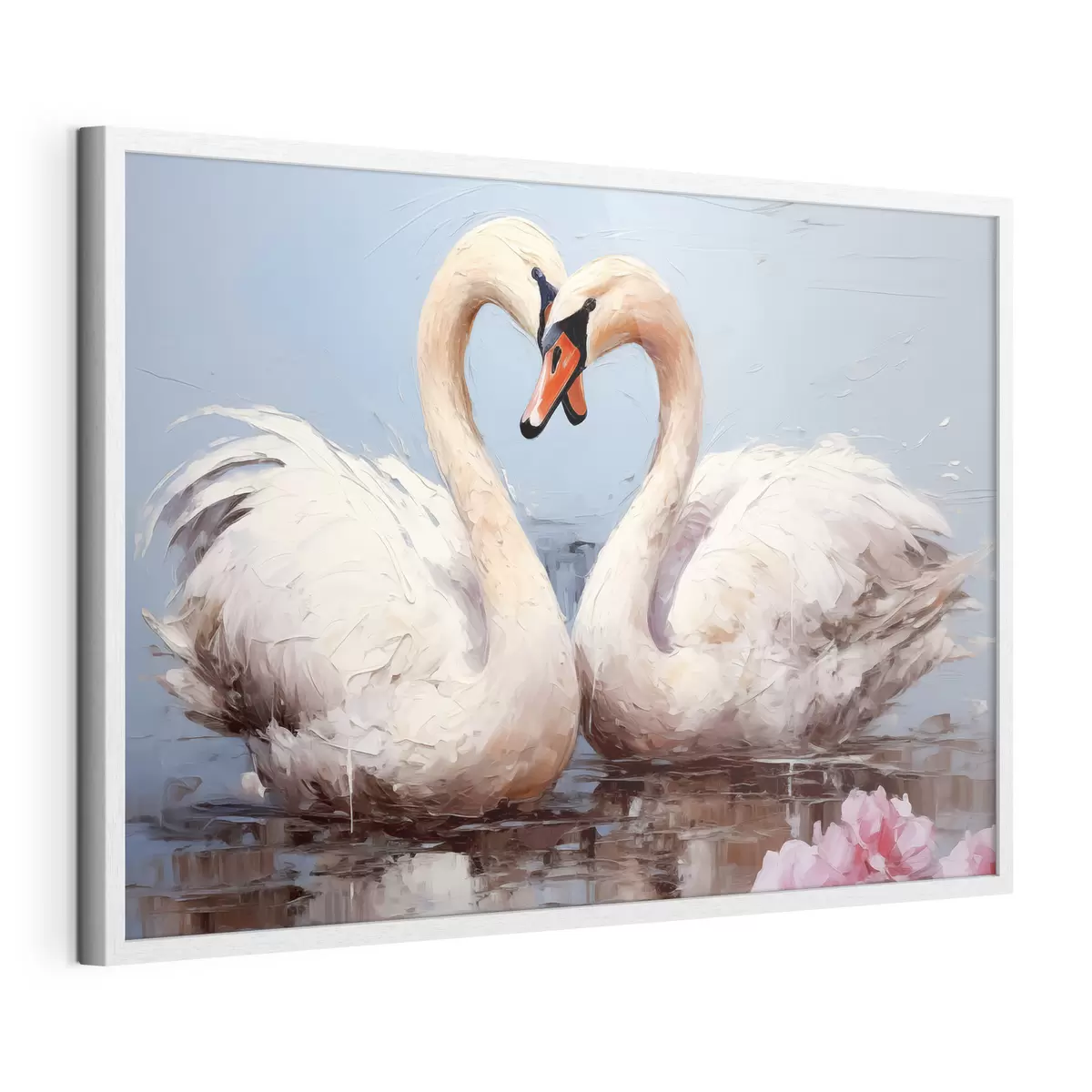Poster Paar weiße Schwäne auf einem Teich, Ölgemälde f39572