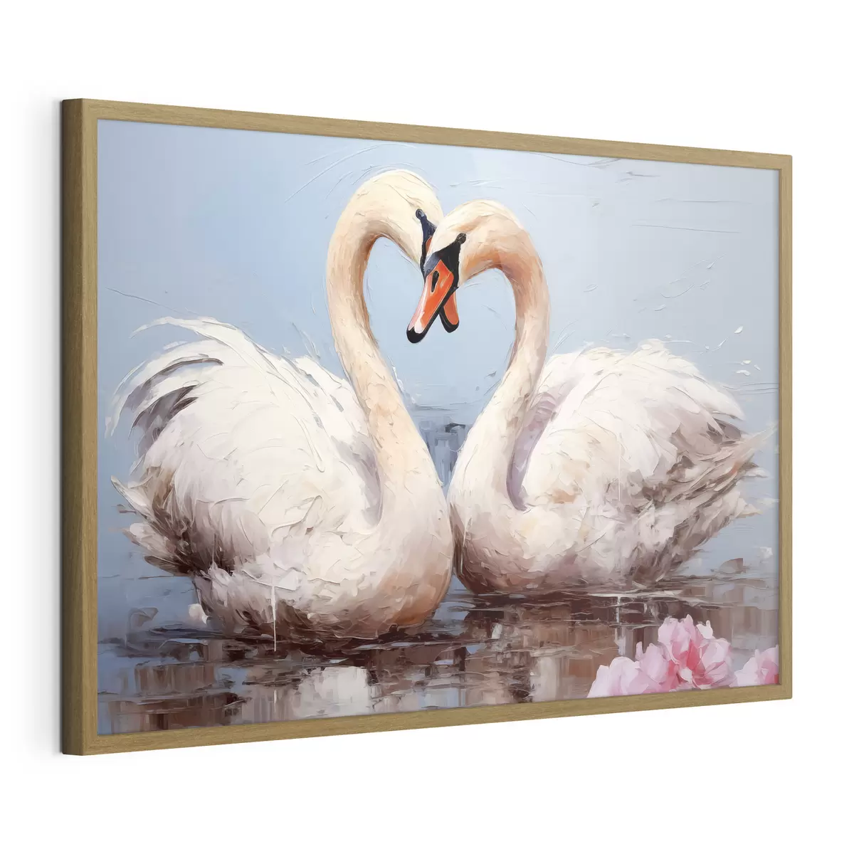Poster Paar weiße Schwäne auf einem Teich, Ölgemälde f39572