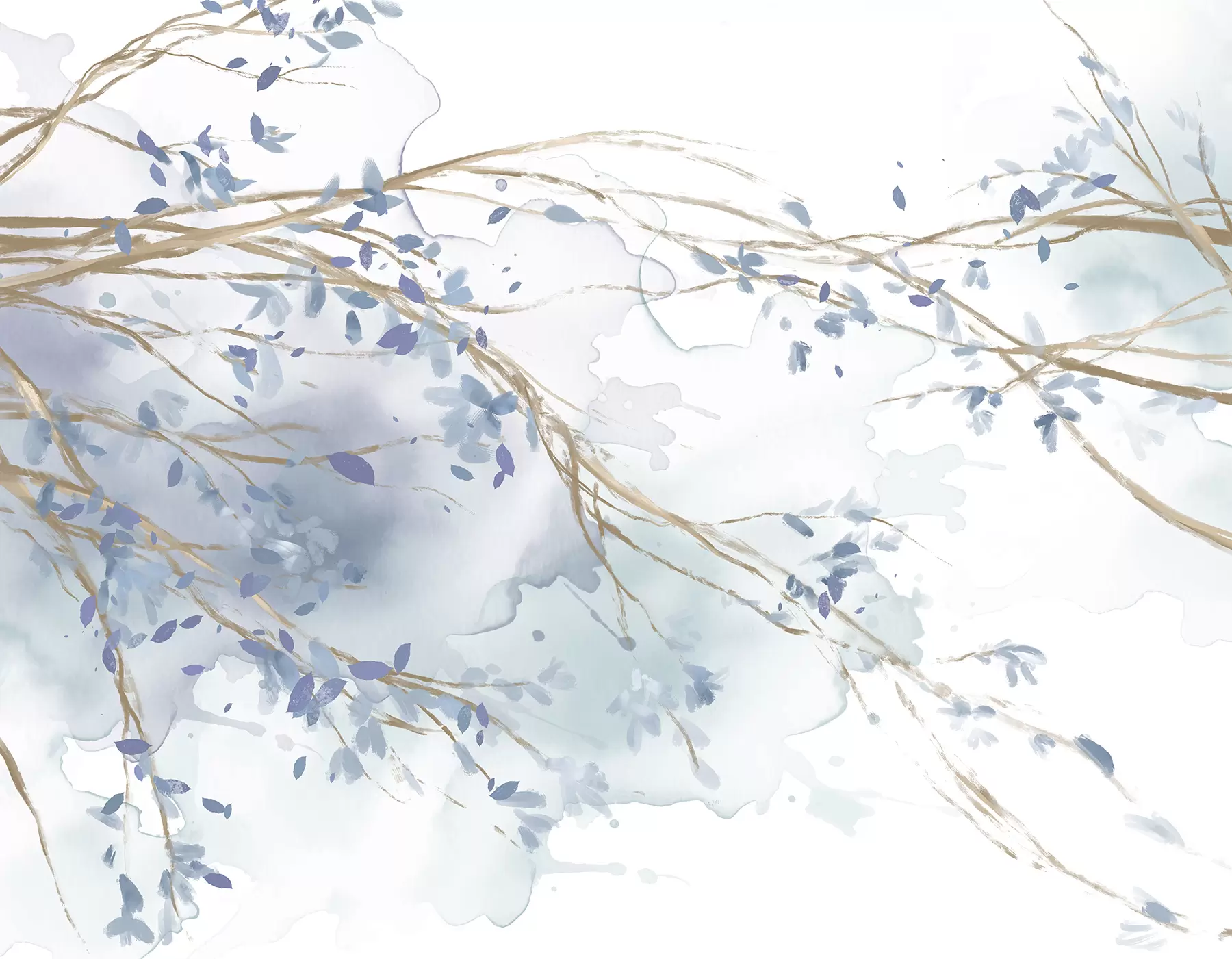 Fototapete Zarte blaue und weiße Blumenzweige mit weichem, unscharfem Aquarellhintergrund w07919