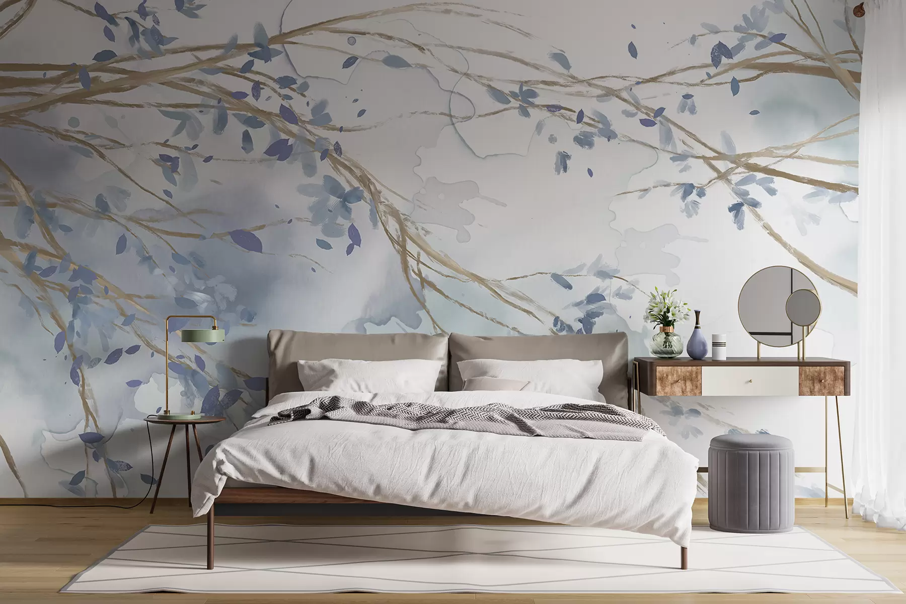 Fototapete Zarte blaue und weiße Blumenzweige mit weichem, unscharfem Aquarellhintergrund w07919