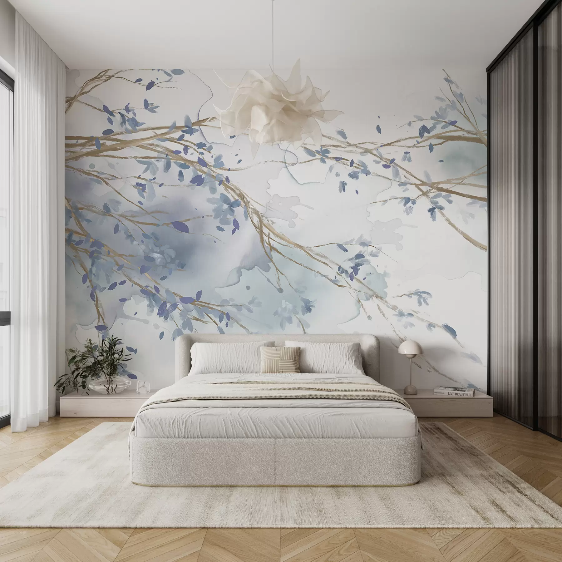 Fototapete Zarte blaue und weiße Blumenzweige mit weichem, unscharfem Aquarellhintergrund w07919