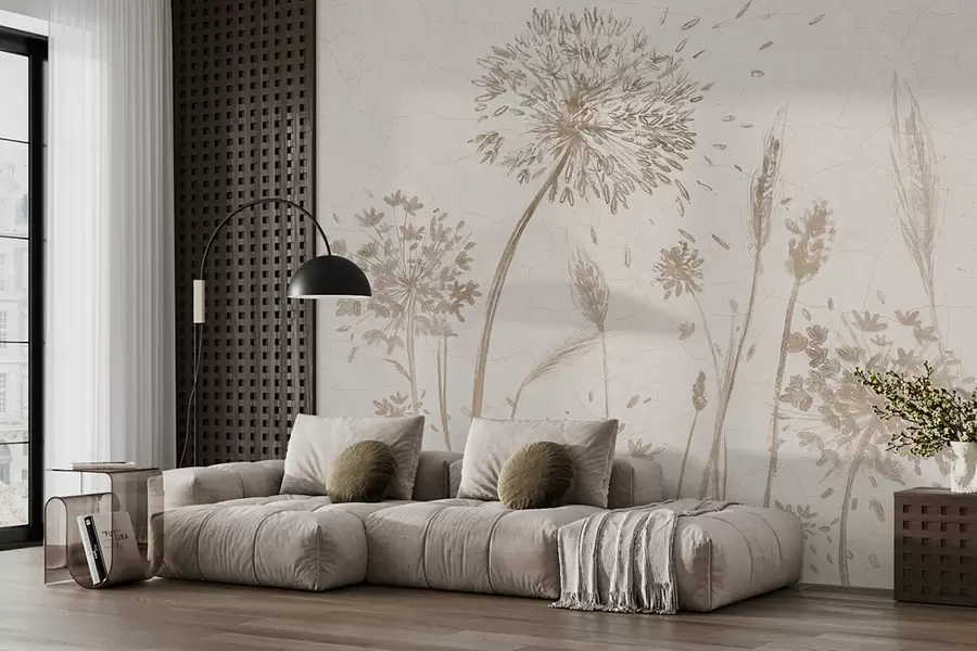 Fototapete Ein Feld mit Löwenzahn und anderen Wildblumen vor einem weichen, dunstigen Hintergrund w07921