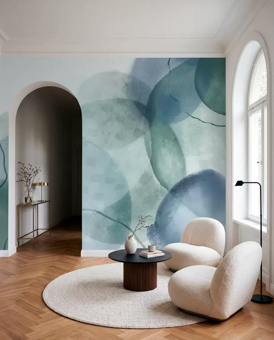Fototapete Weiche, abstrakte Aquarellformen in Blau-, Grün- und Weißtönen w07926