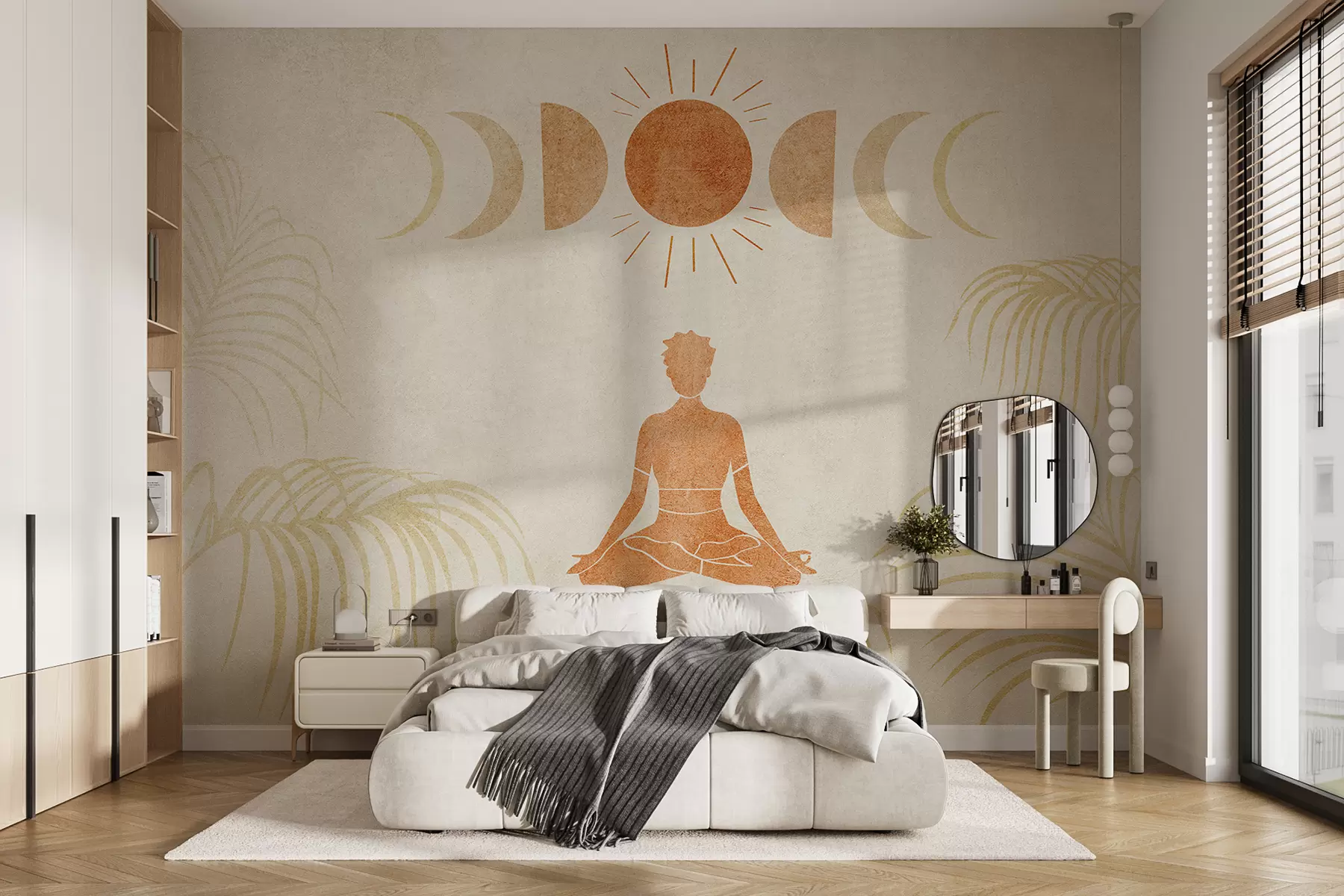 Fototapete Ein Mädchen sitzt im Lotussitz unter den Mondphasen zwischen Palmblättern, Textur, oranger Farbe, Yoga w07970