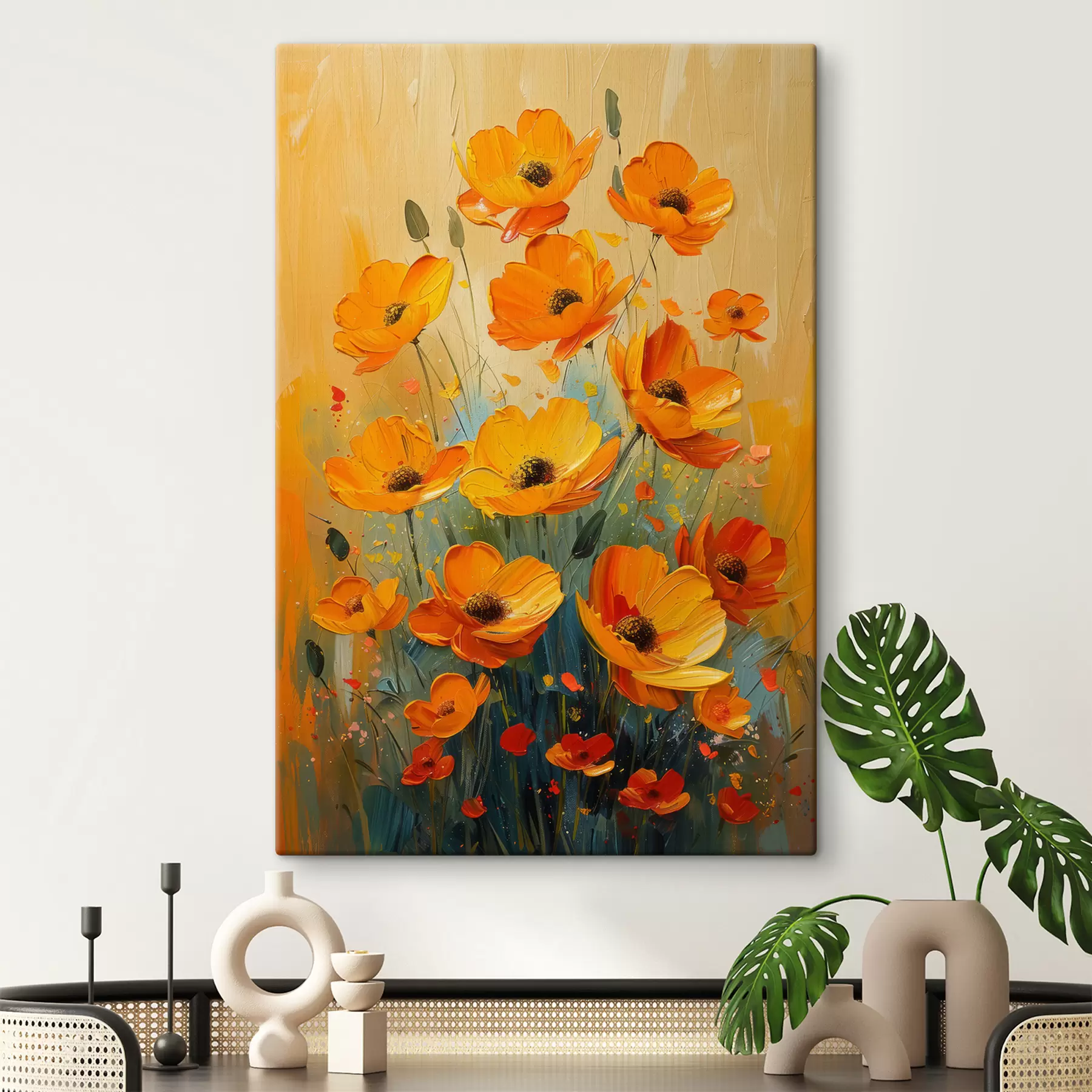 Fototapete Kräftige Striche leuchtend gelber und orangefarbener Mohnblumen s39455