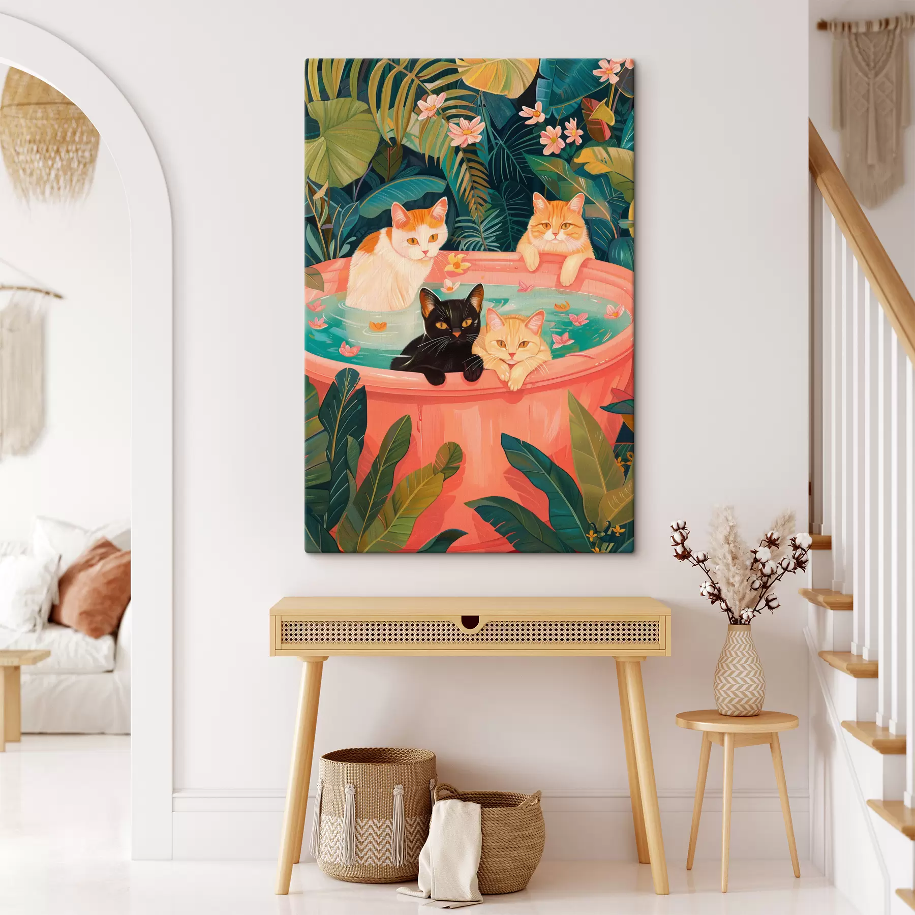 Fototapete Katzen in einem rosa Bad mit grünen Blättern, Dschungelatmosphäre s39465
