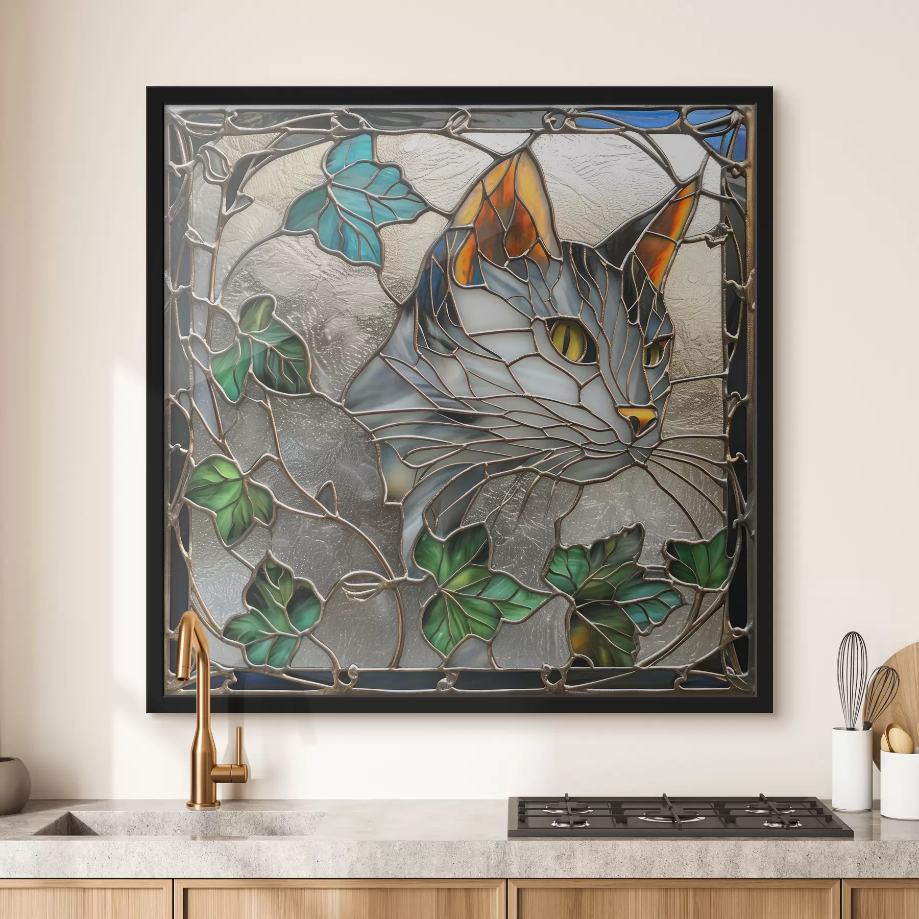 Fototapete Von Glasmalerei inspiriertes Kunstwerk: Katze im Herbstlaub f39448