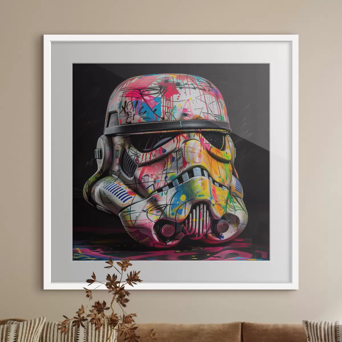 Poster Ein Star Wars Sturmtruppler-Helm voller lebendiger Street Art und Graffiti f39453
