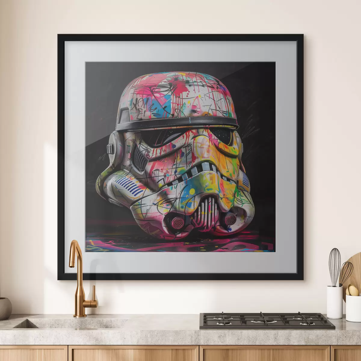 Poster Ein Star Wars Sturmtruppler-Helm voller lebendiger Street Art und Graffiti f39453