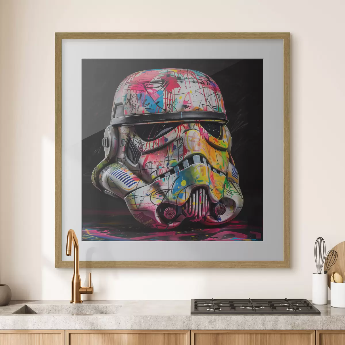 Poster Ein Star Wars Sturmtruppler-Helm voller lebendiger Street Art und Graffiti f39453
