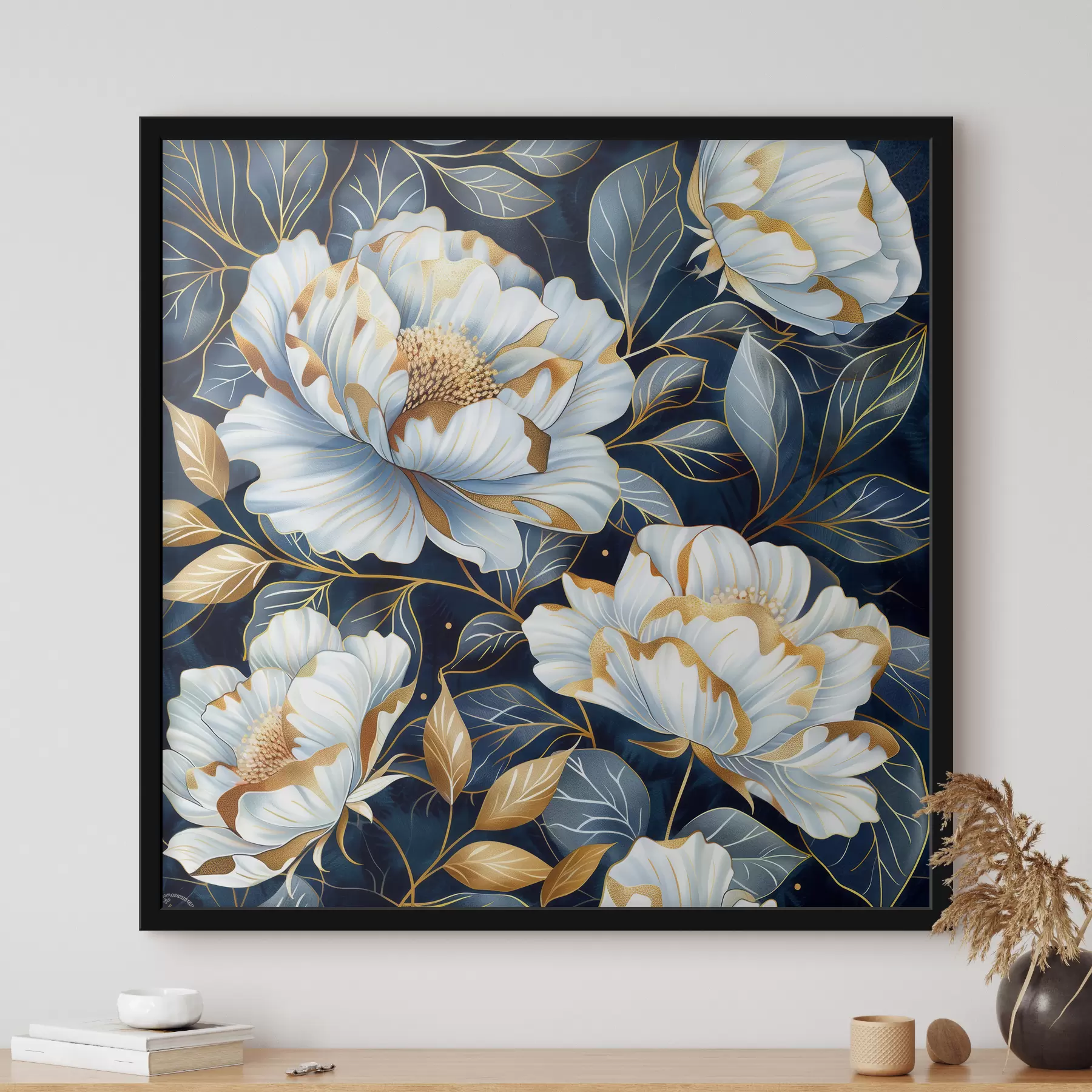 Fototapete Weiße Pfingstrosen und Rosen mit Umrandung, blauen Blättern und floralen Mustern auf dem Hintergrund f39457