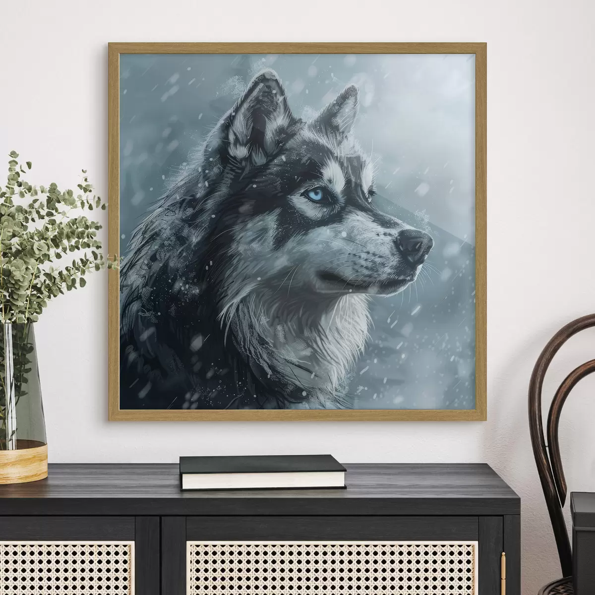 Poster Husky mit blauen Augen auf einem winterblauen Hintergrund f39462