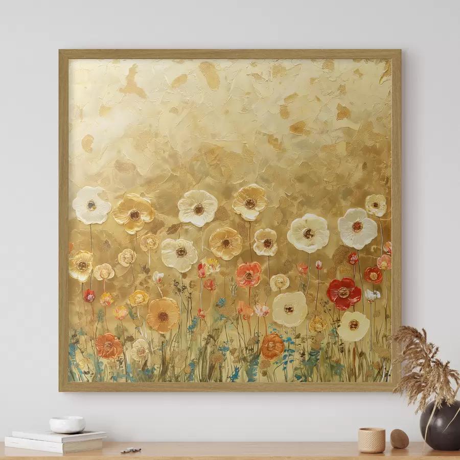 Fototapete Wiese im Klimt-Stil: zarte pastellfarbene Blumen mit verschmolzener Textur f39464