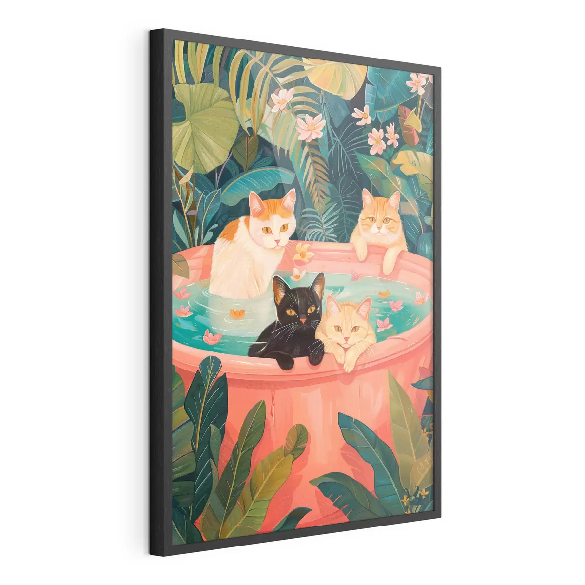 Poster Katzen in einem rosa Bad mit grünen Blättern, Dschungelatmosphäre f39465