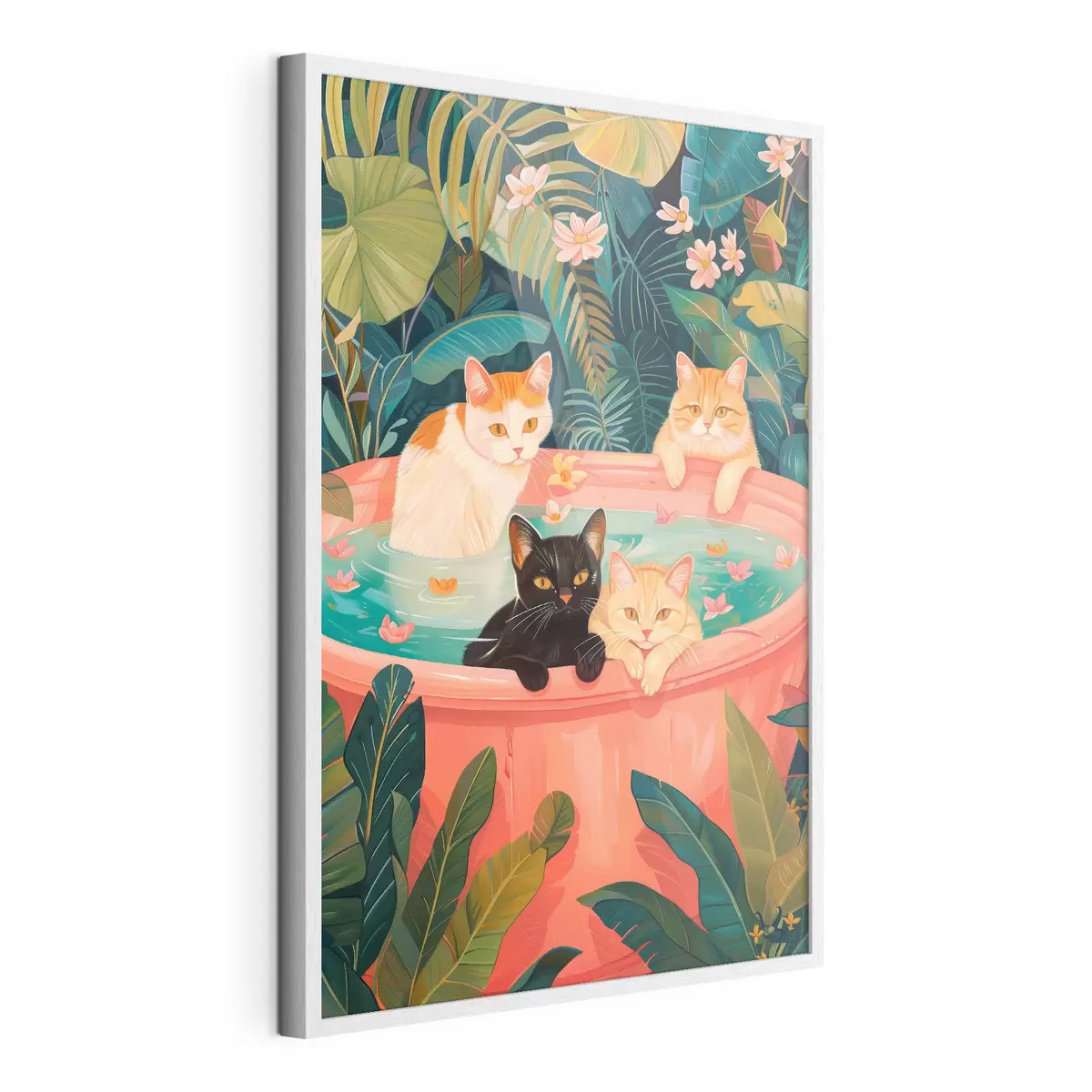 Poster Katzen in einem rosa Bad mit grünen Blättern, Dschungelatmosphäre f39465