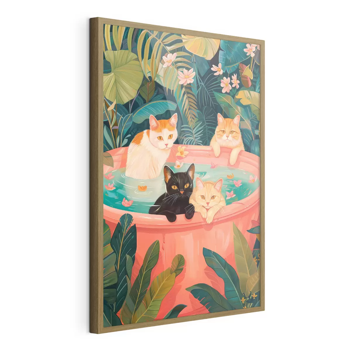 Poster Katzen in einem rosa Bad mit grünen Blättern, Dschungelatmosphäre f39465
