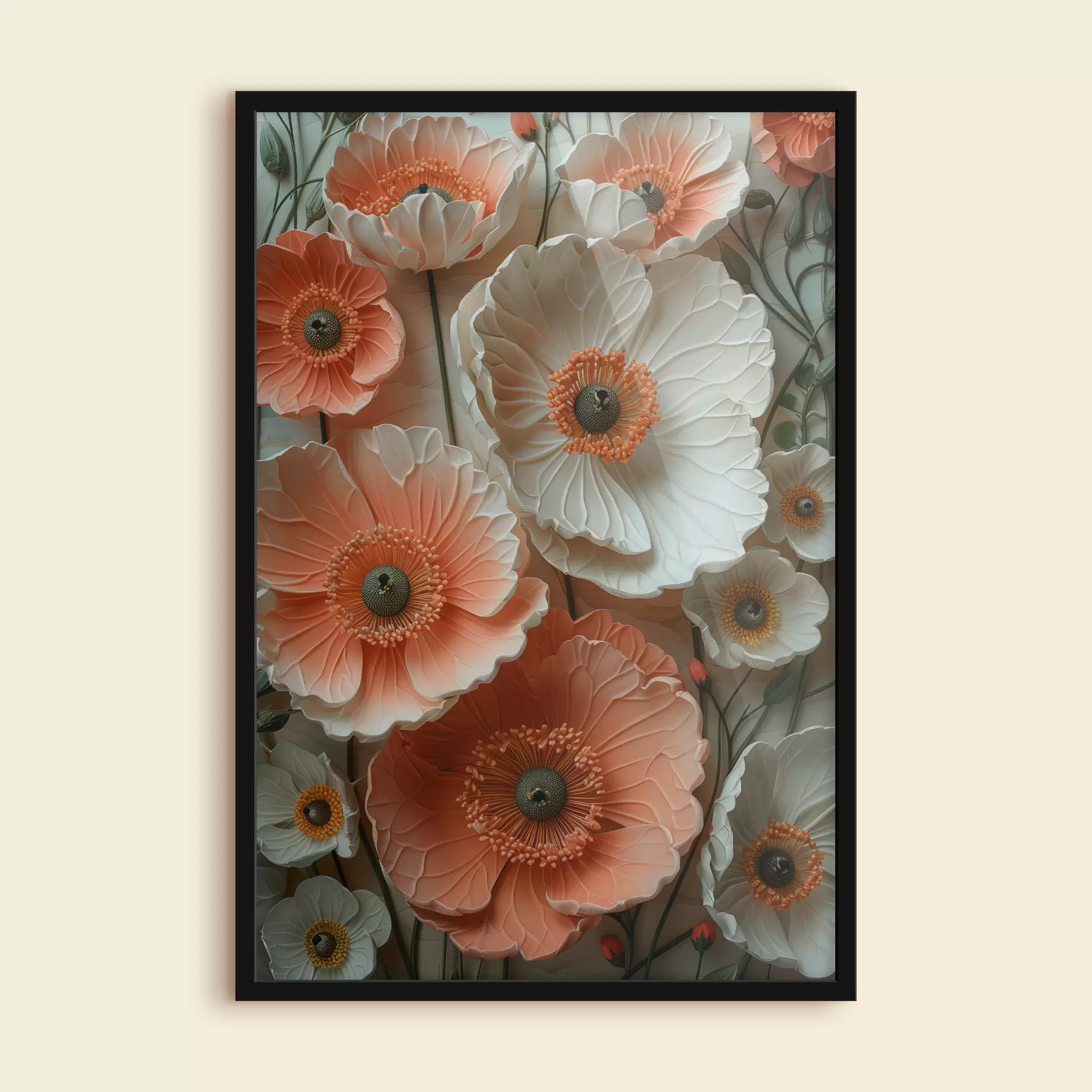 Fototapete Mohnblumen in neutralen Farben im Soft-Sculpture-Stil mit hellrosa und hellorangen Blütenknospen f39466
