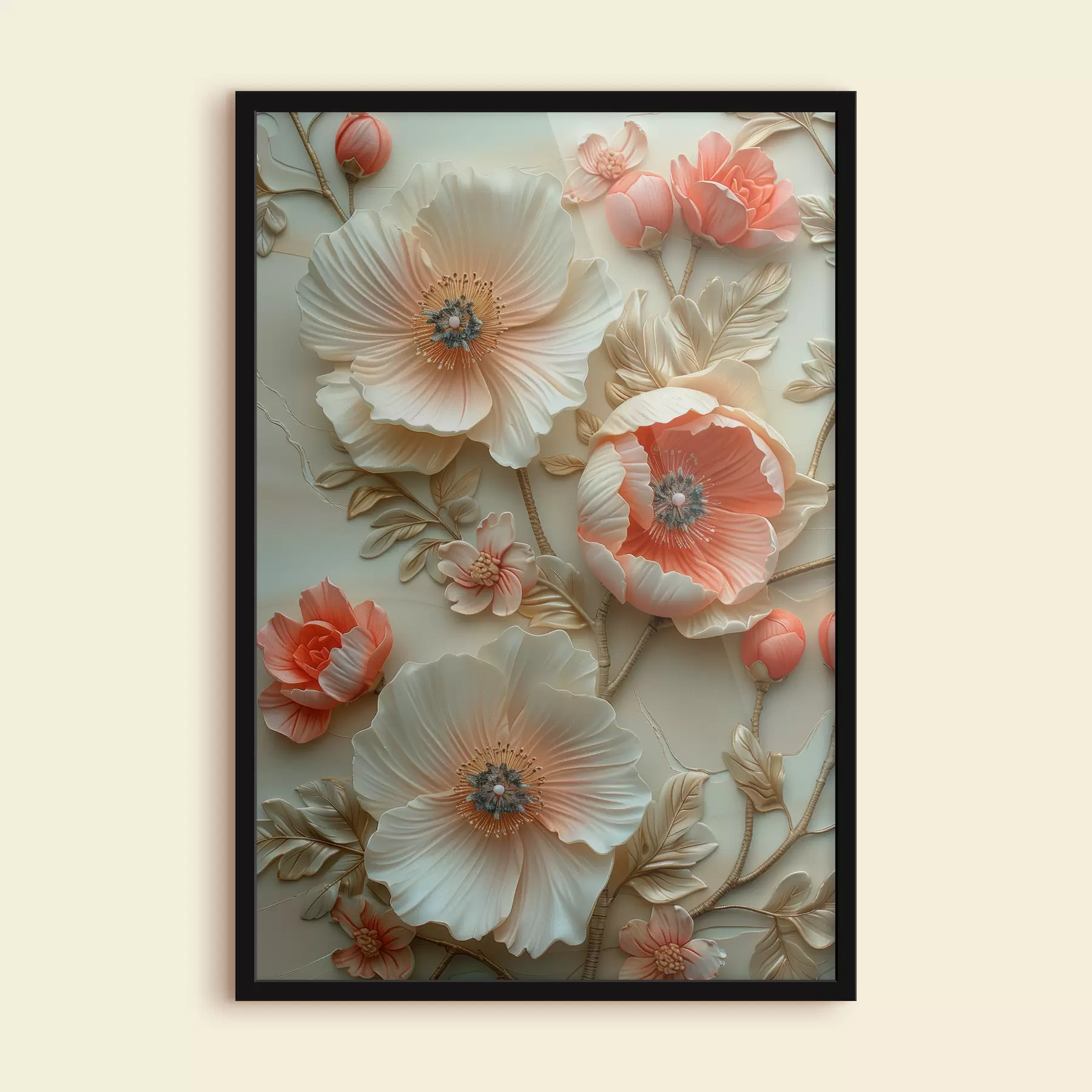 Fototapete Zweig mit weißen und orangefarbenen Mohnblumen und ungeöffneten Knospen mit Blättern im Skulpturenstil f39468