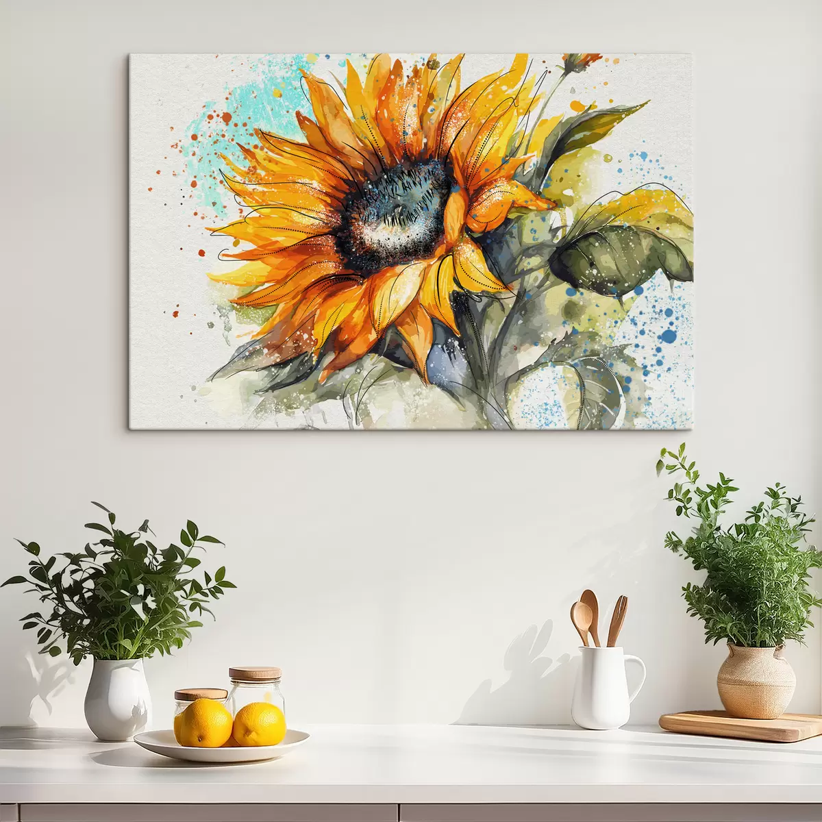 Fototapete Aquarell-Sonnenblume mit Farbspritzern s39583