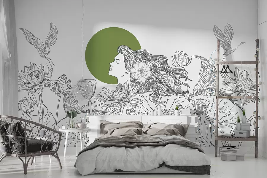 Fototapete Frau in der Natur, Strichzeichnung, Lotusblumen, große Blätter, fliegende Vögel, graue und grüne Farbe w07988v3