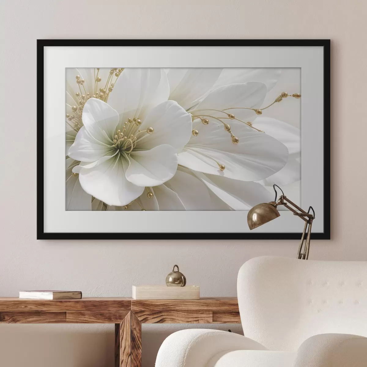 Poster Eine Nahaufnahme einer großen weißen Blume mit zarten Blütenblättern f39507