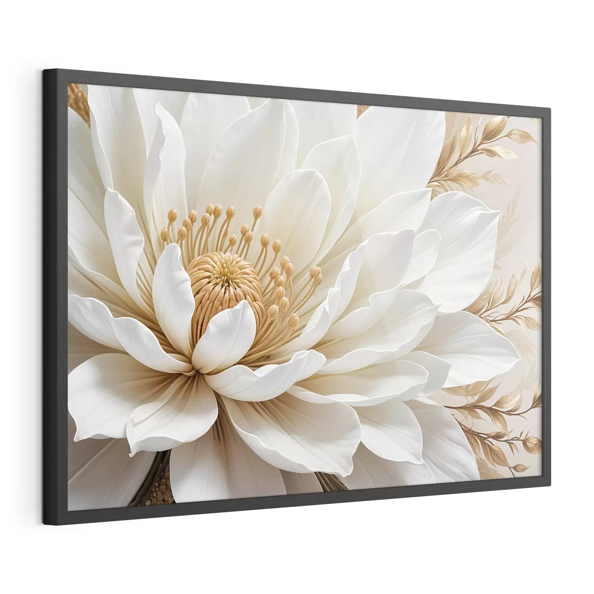 Poster Eine Nahaufnahme einer großen, weißen Dahlienblüte mit zarten Blütenblättern und einer leuchtend gelben Mitte f39508