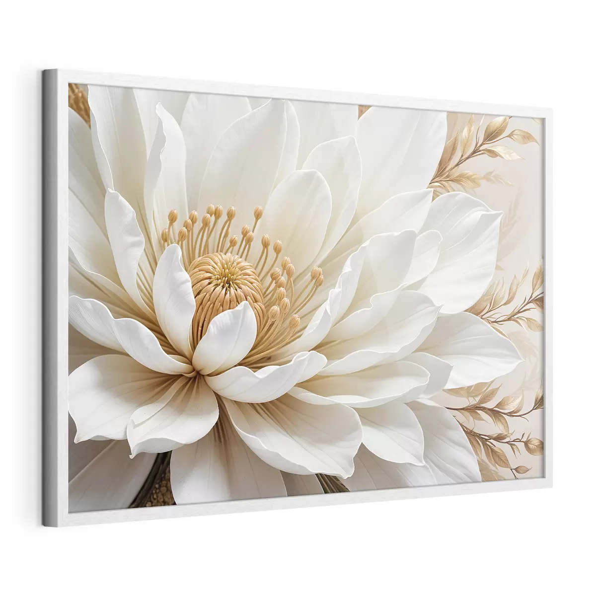 Poster Eine Nahaufnahme einer großen, weißen Dahlienblüte mit zarten Blütenblättern und einer leuchtend gelben Mitte f39508