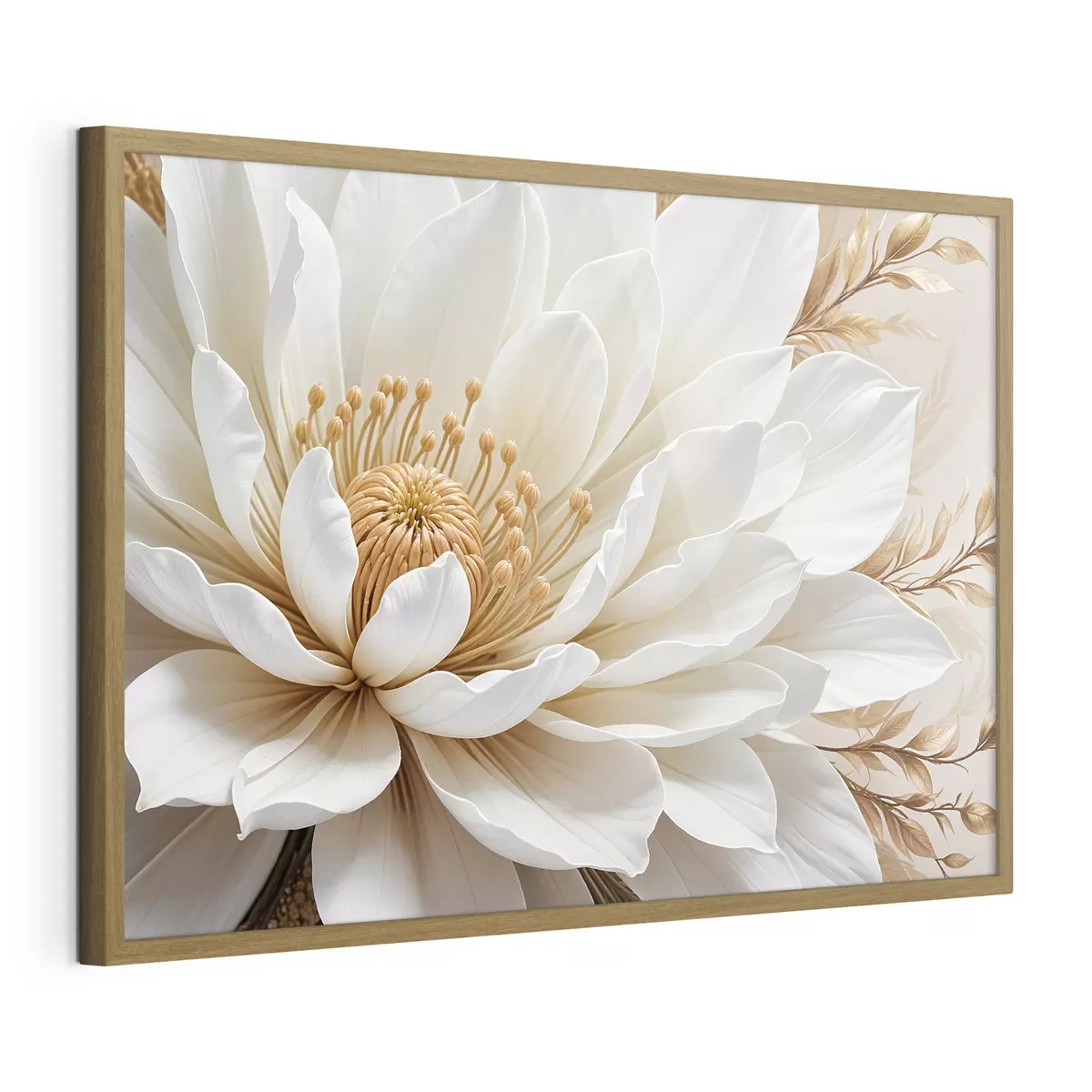 Poster Eine Nahaufnahme einer großen, weißen Dahlienblüte mit zarten Blütenblättern und einer leuchtend gelben Mitte f39508