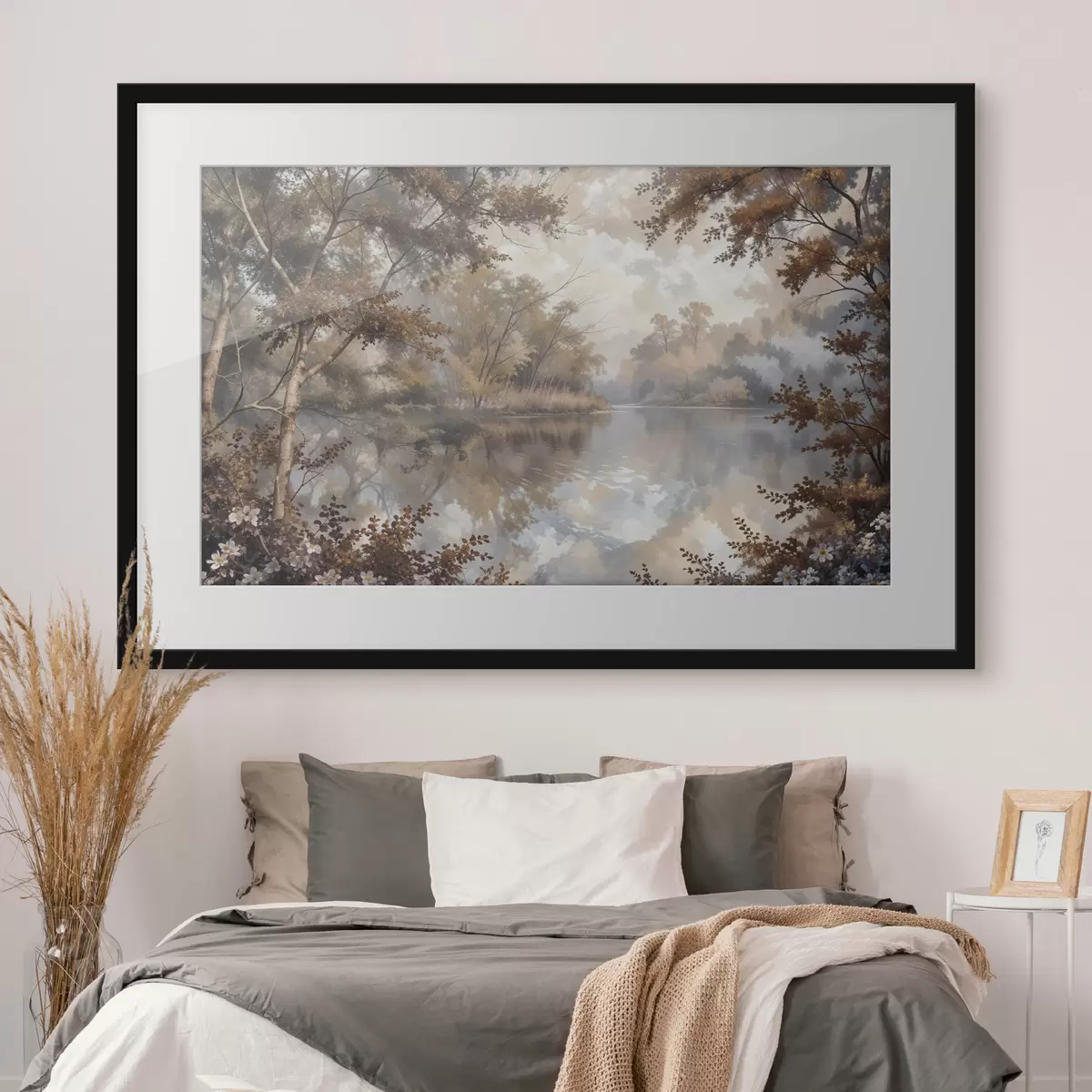 Poster Herbstlandschaft mit einem ruhigen See, umgeben von Bäumen mit leuchtend orangefarbenem und gelbem Laub f39511