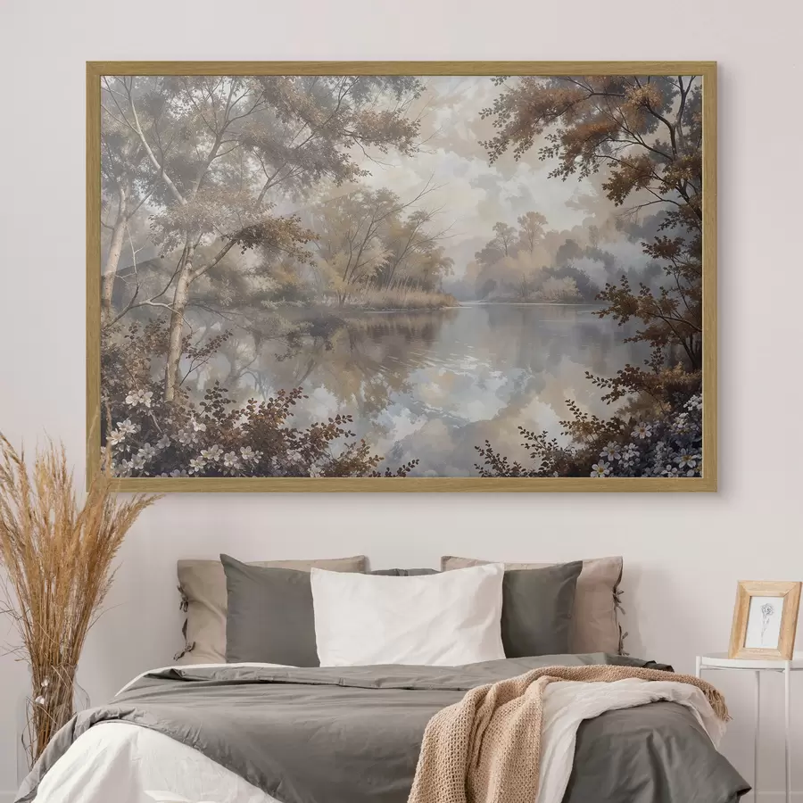 Fototapete Herbstlandschaft mit einem ruhigen See, umgeben von Bäumen mit leuchtend orangefarbenem und gelbem Laub f39511